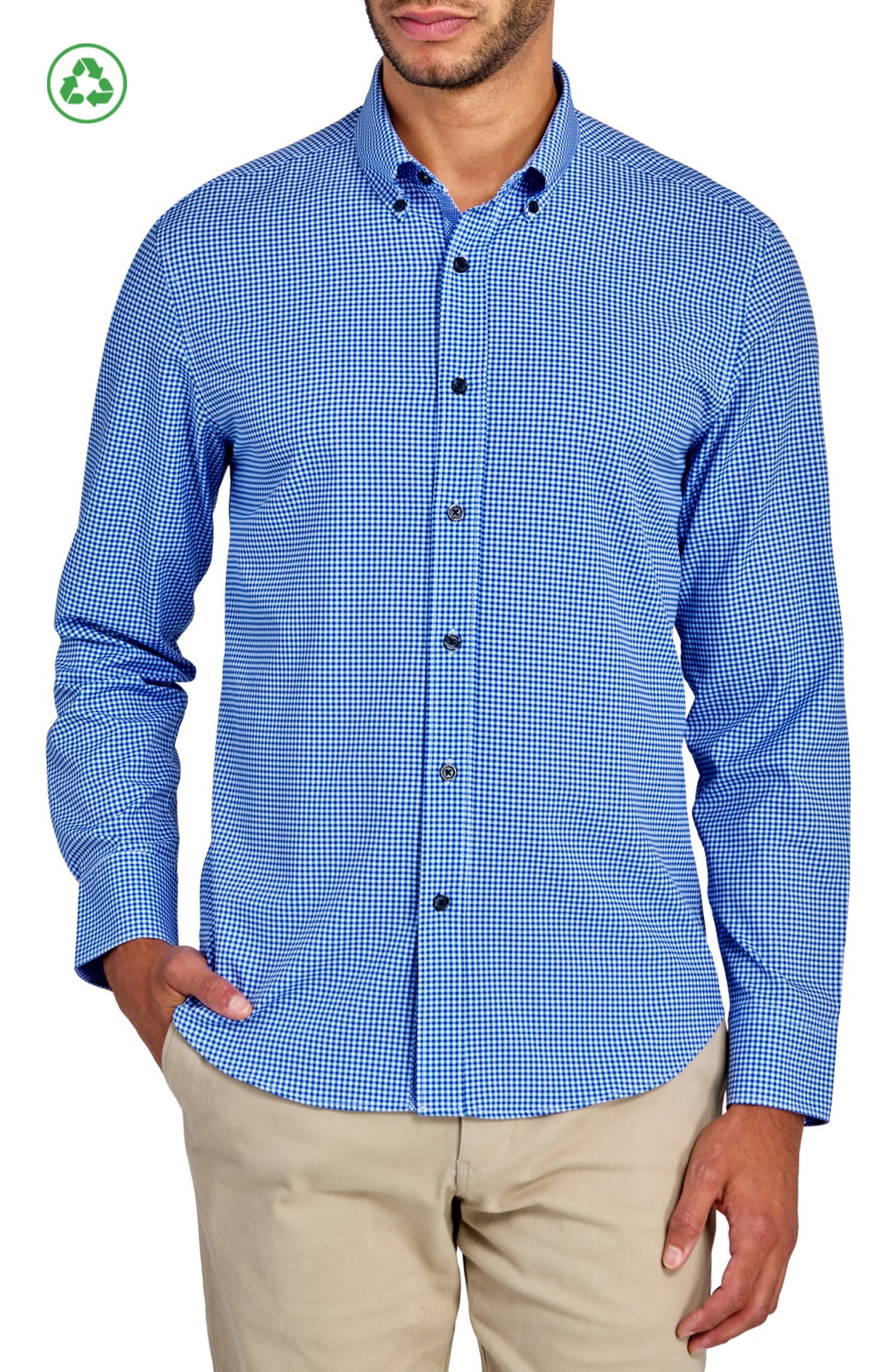 Slim Fit Micro Plaid Recycled 4-Way Stretch Performance Long Sleeve Shirt - image 3