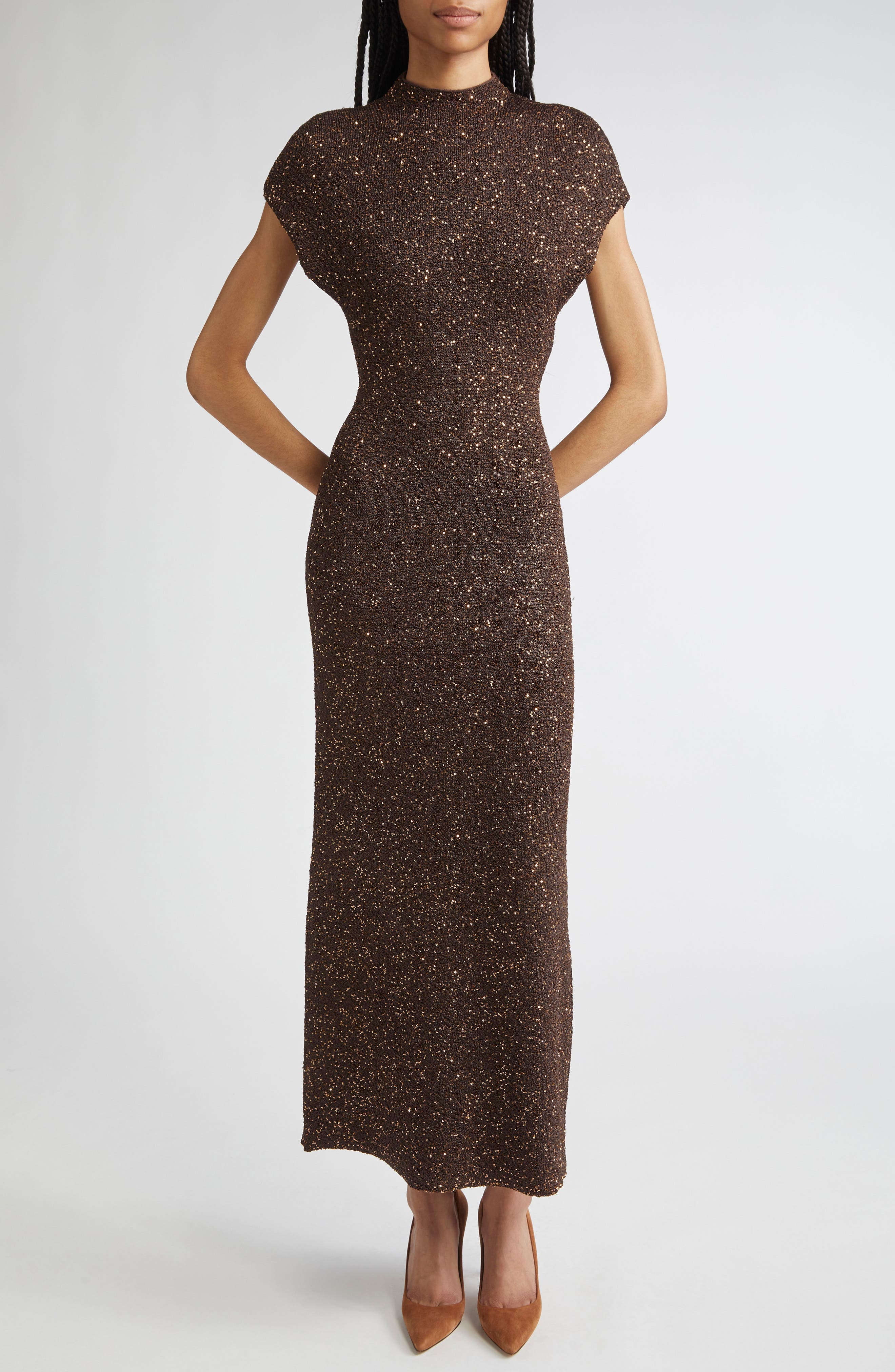 Funnel Neck Sequin Knit Maxi Dress - image 1