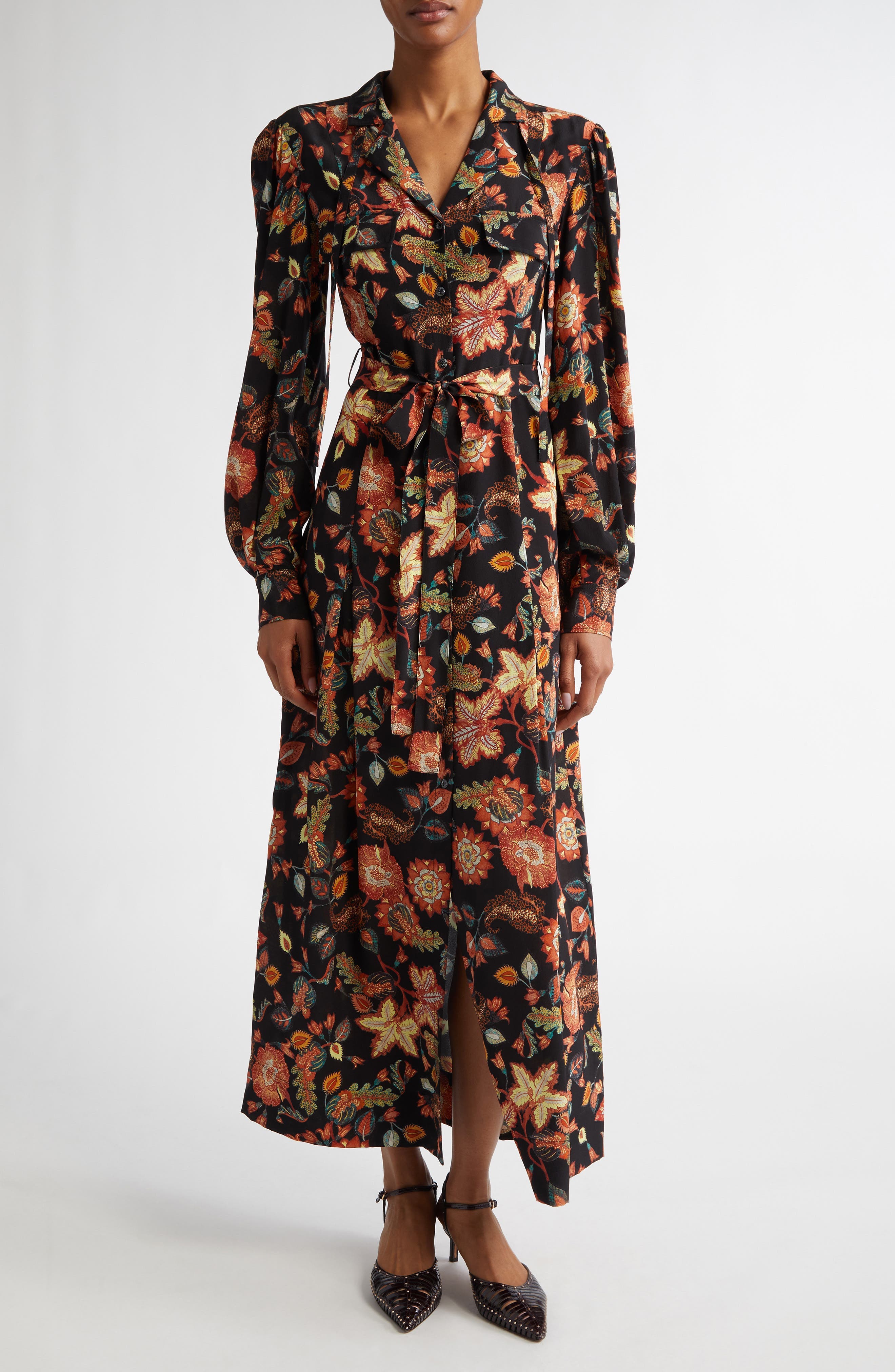 Giselle Floral Long Sleeve Silk Shirtdress - image 1