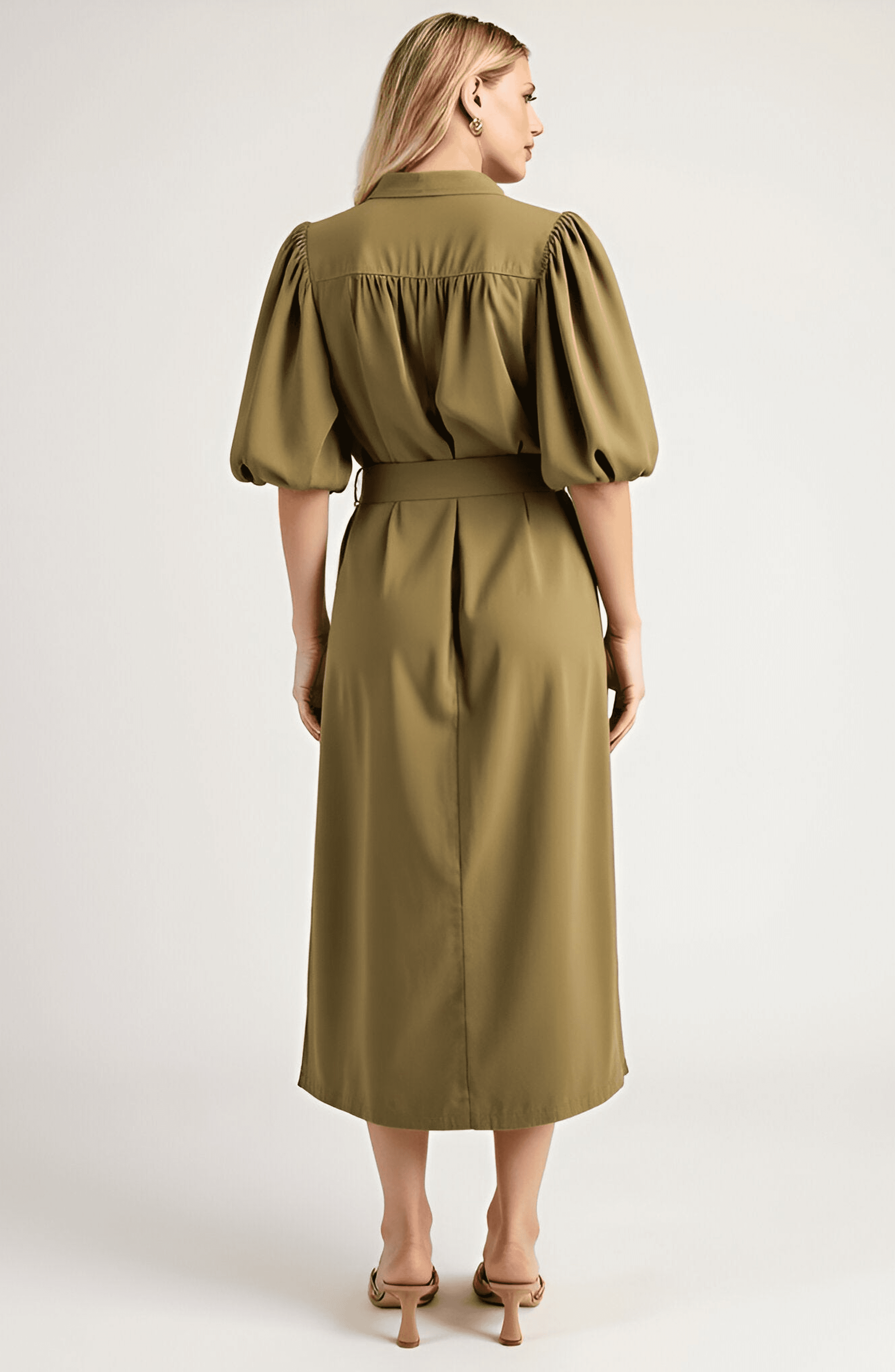 Belted Midi Dress with Puff Elbow Sleeves and Keyhole Neckline - image 2