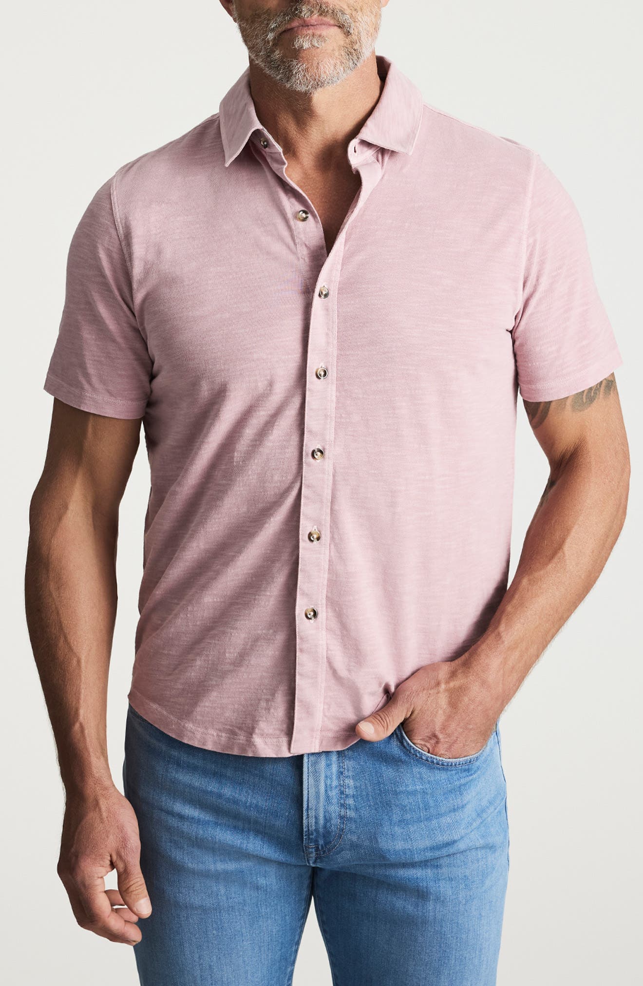 Short Sleeve Slub Cotton Jersey Button-Up Shirt - image 1