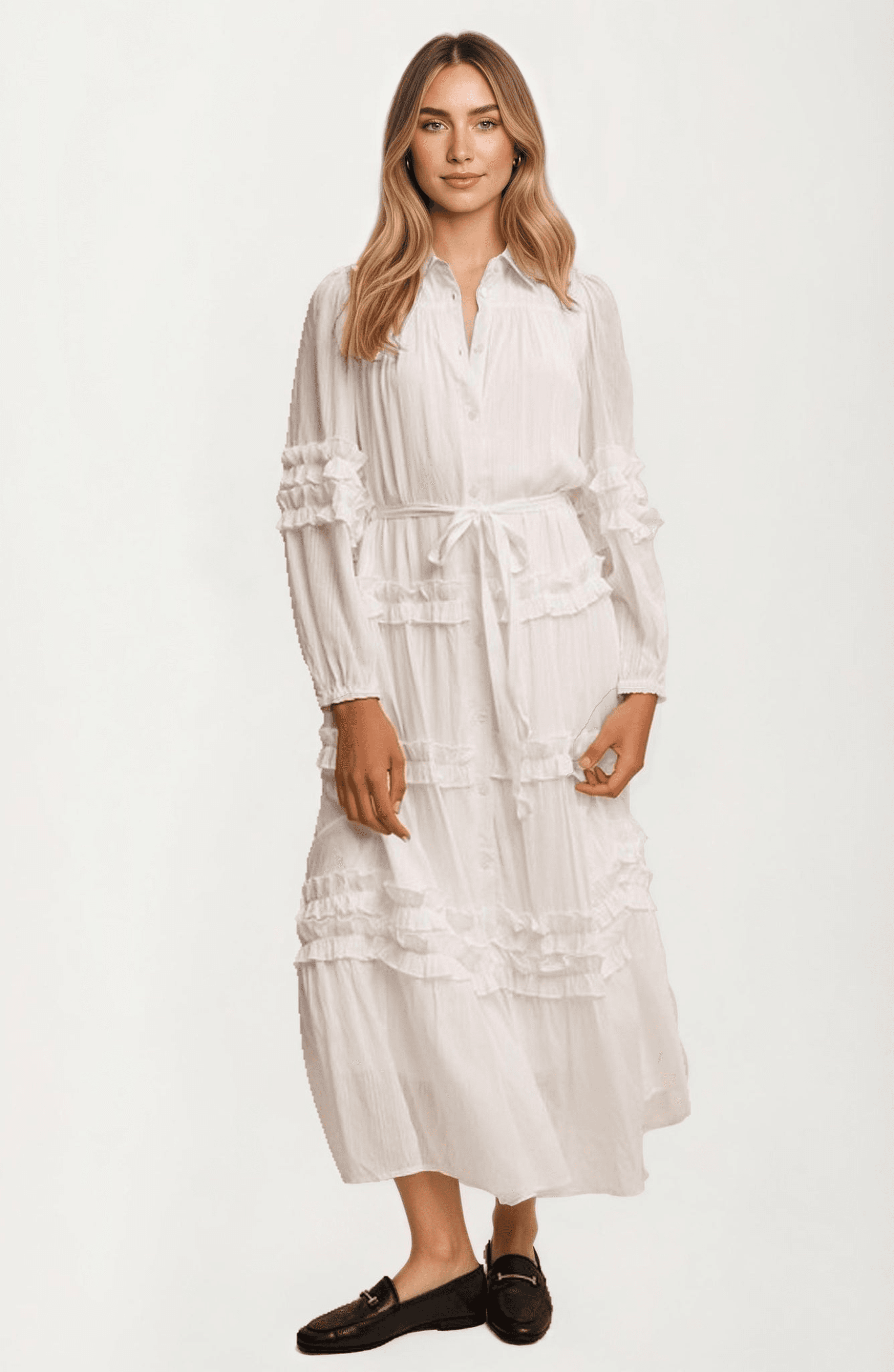 Long Sleeve Ruffle Tiered Maxi Shirt Dress - image 1