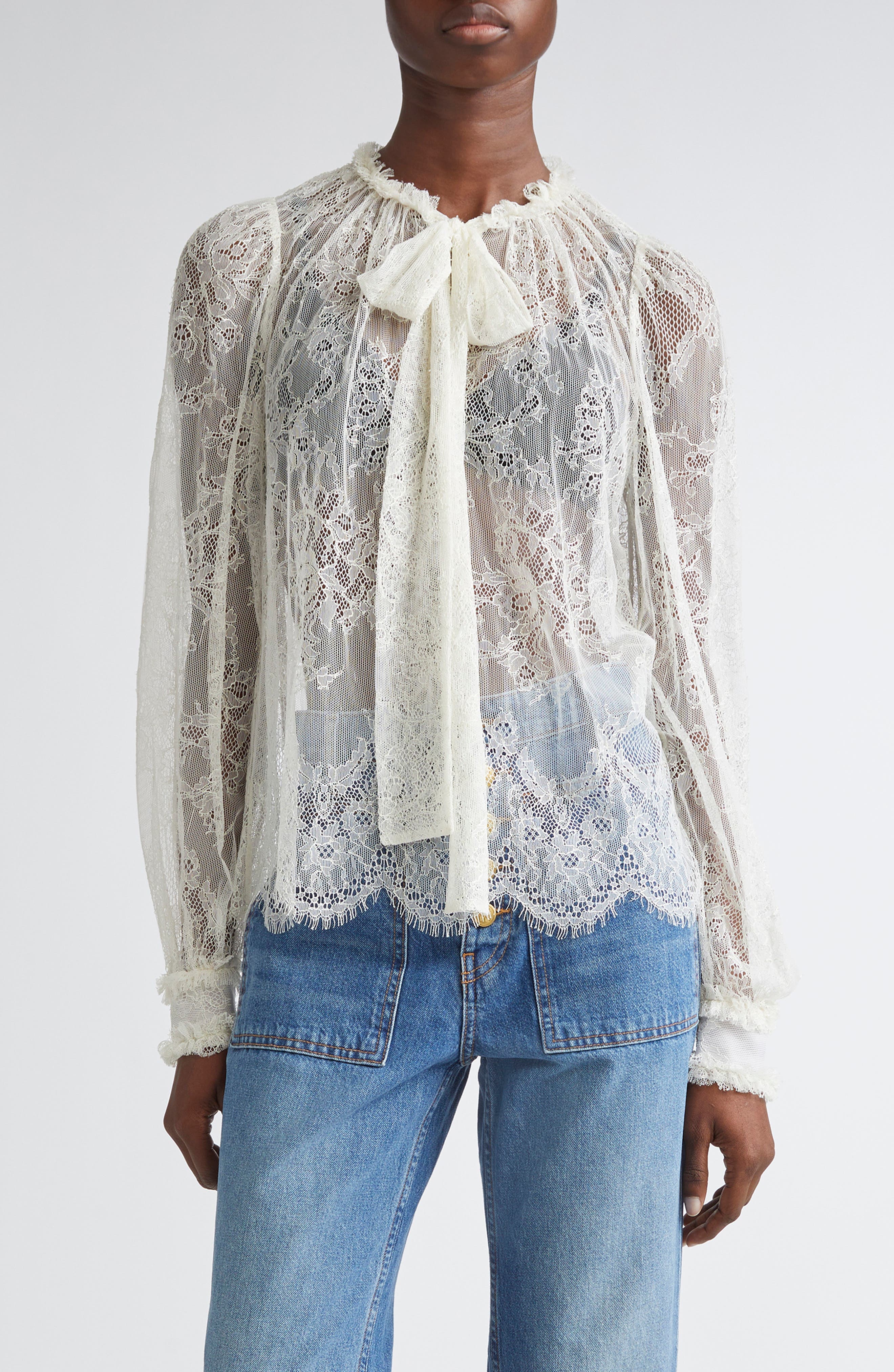 Iliana Pussybow Tie Sheer Cotton Lace Top - image 1