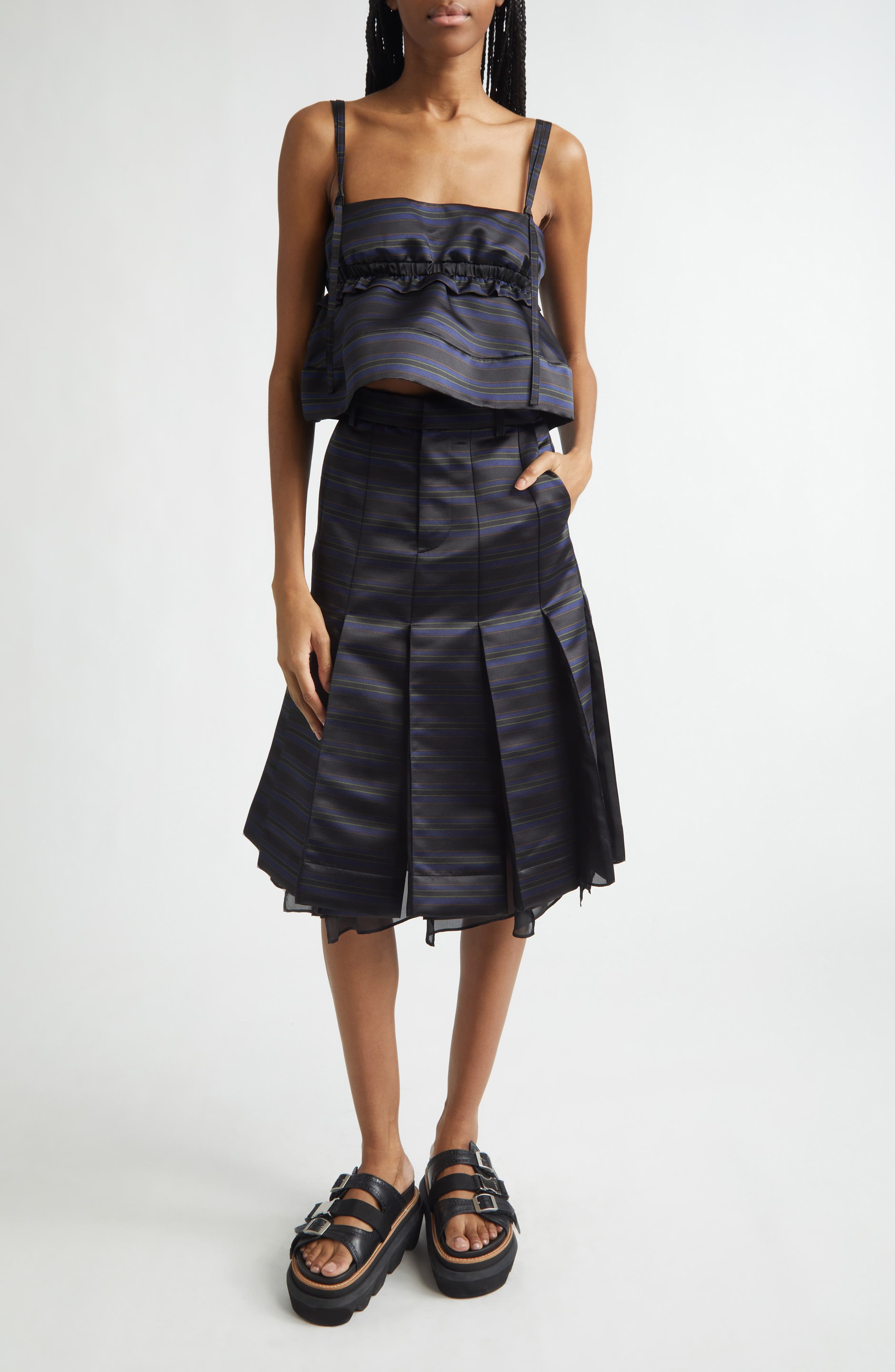 Pleated Horizontal Stripe Skirt - image 2
