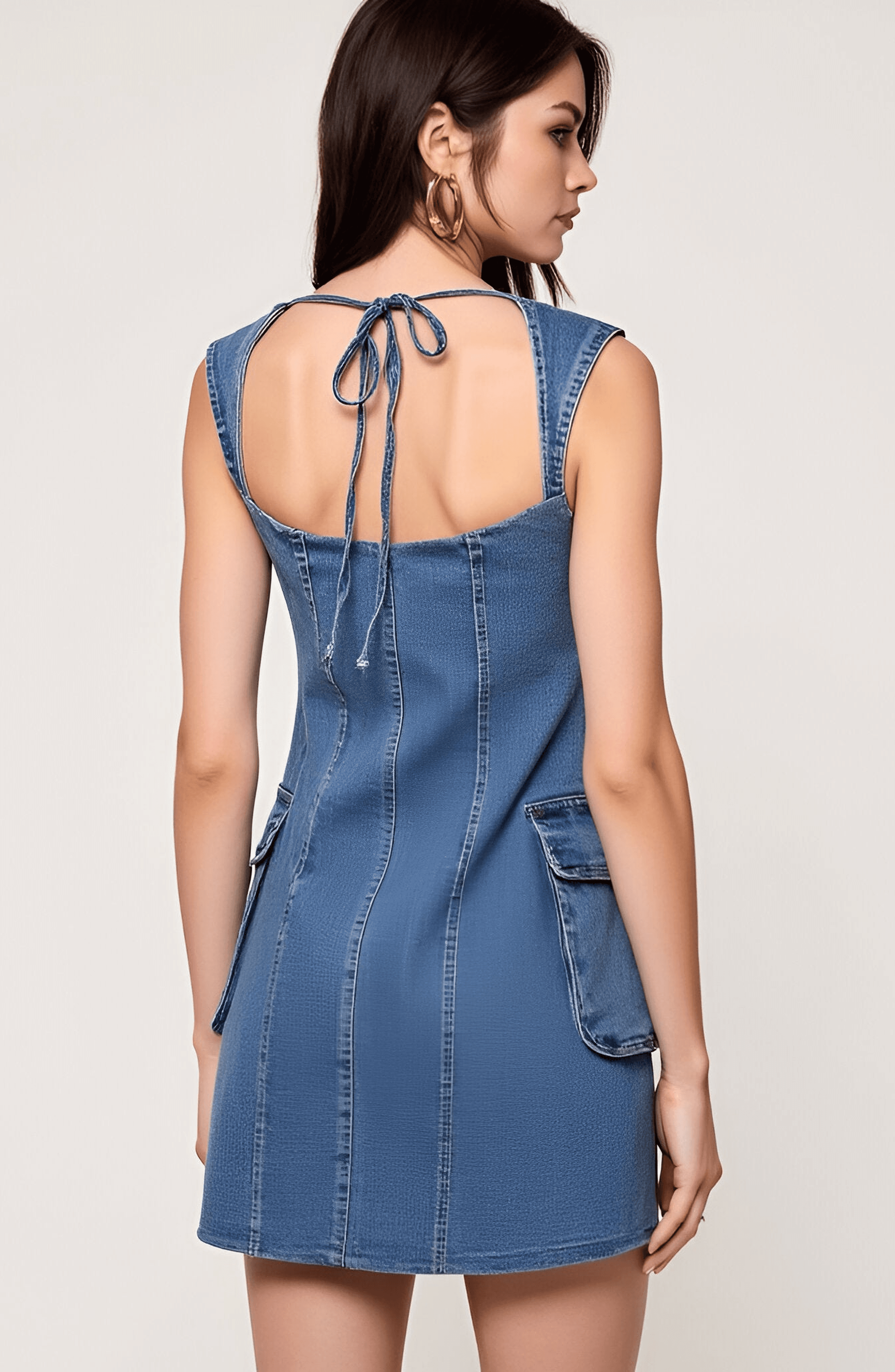 Square Neck Denim Mini Dress with Flap Patch Pockets - image 2