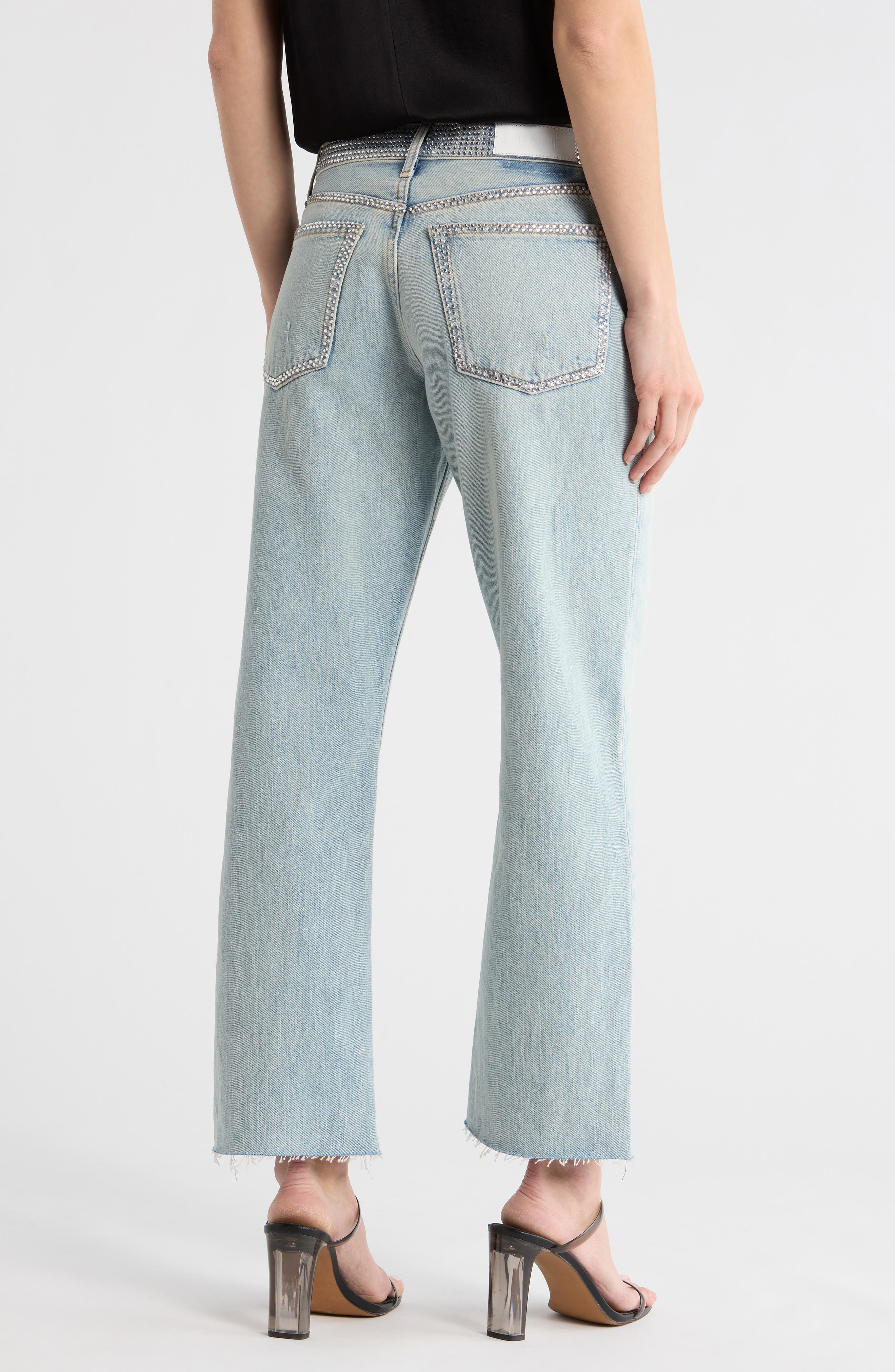 Rhinestone Detail High Waist Crop Straight Leg Jeans - image 2