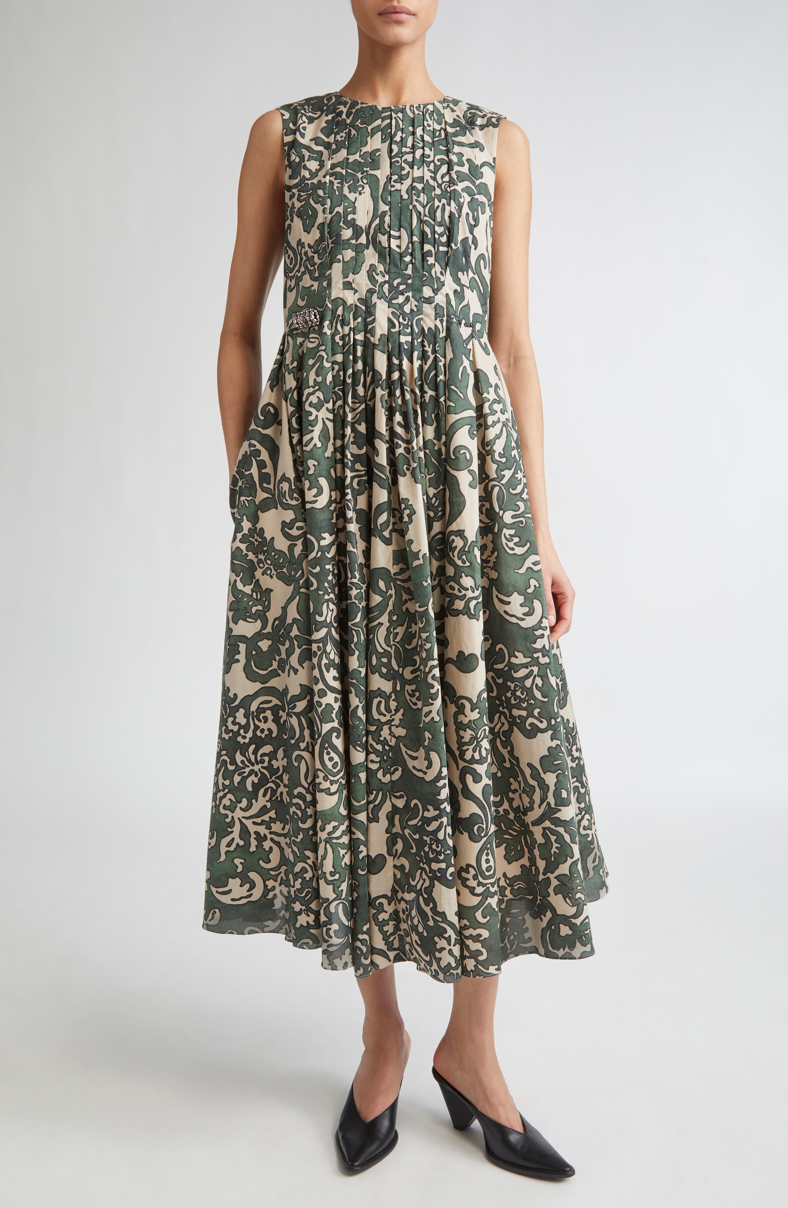 Venice Print Pleated Cotton Voile Dress - image 1