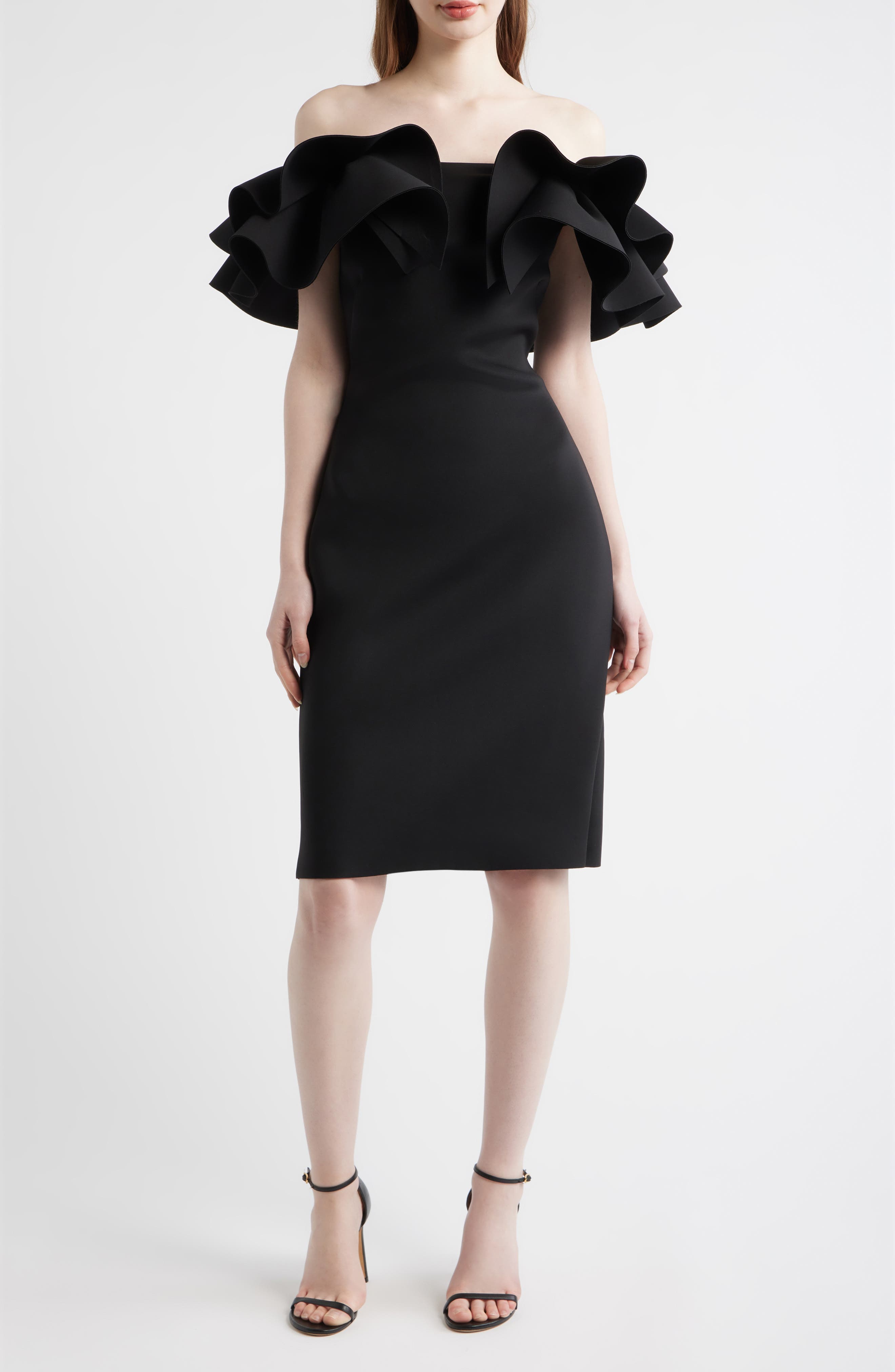 Ruffle Off the Shoulder Scuba Crepe Cocktail Dress - image 1