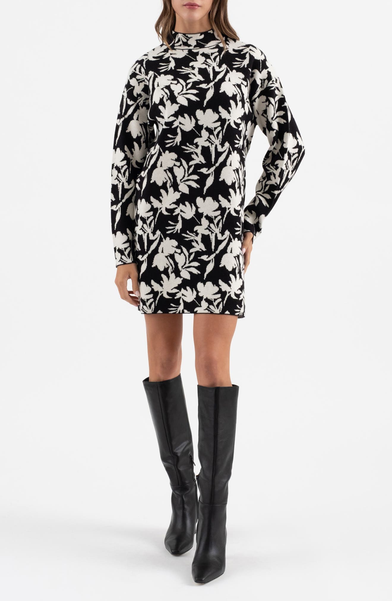 Floral Jacquard Long Sleeve Sweater Dress - image 1