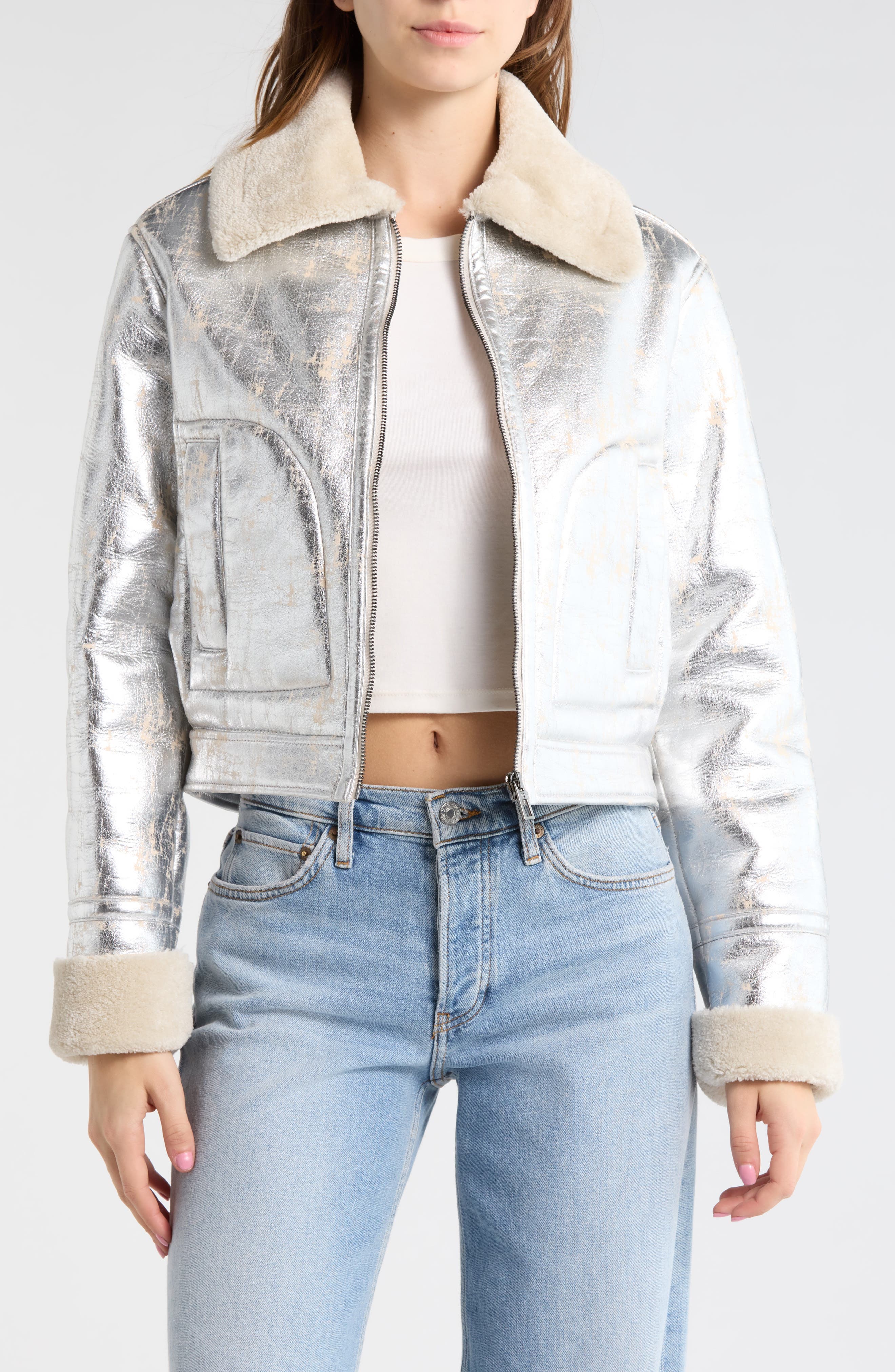 Faux Shearling Trim Faux Leather Bomber Jacket - image 1