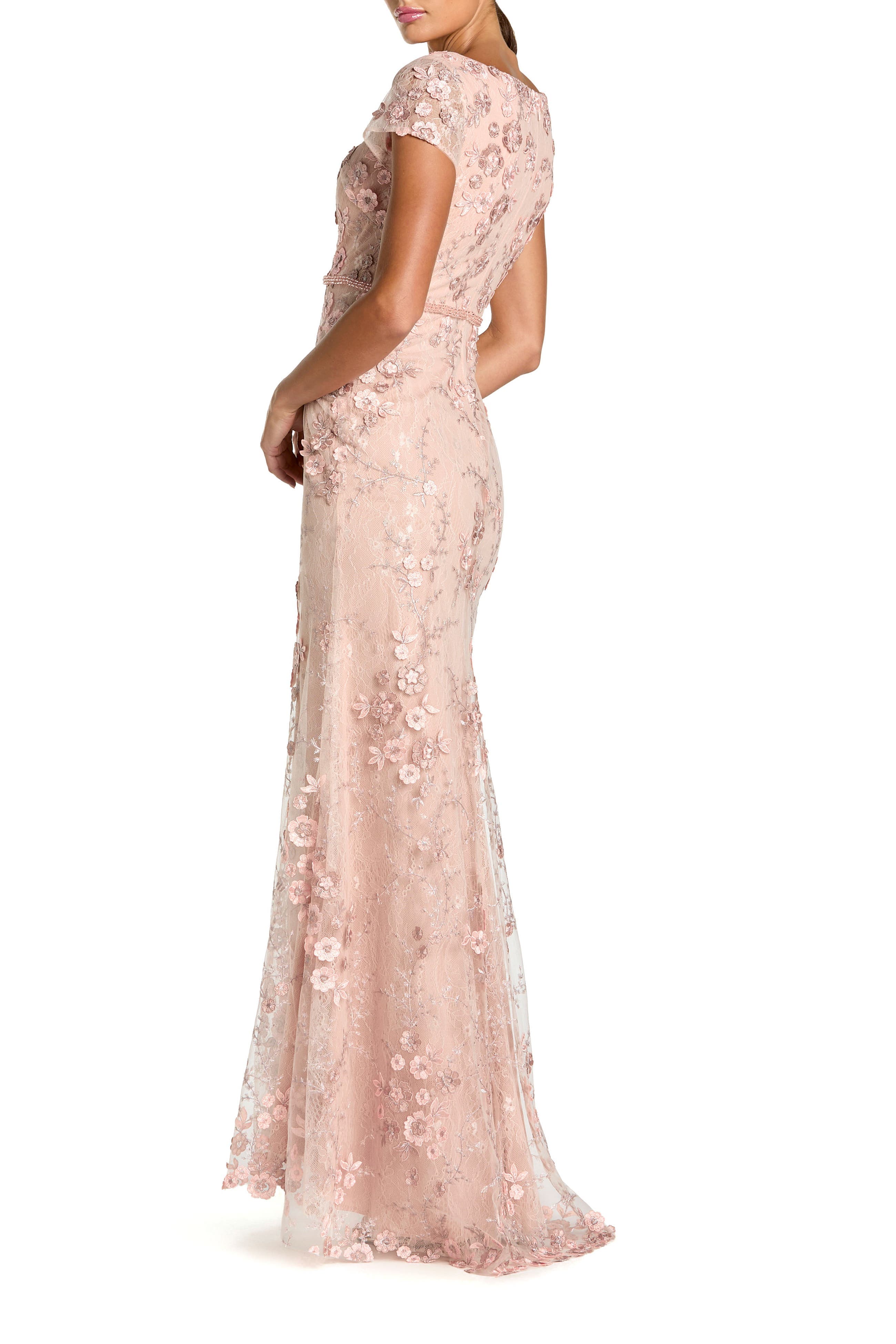 Floral Applique Boat Neck Cap Sleeve Gown - image 4