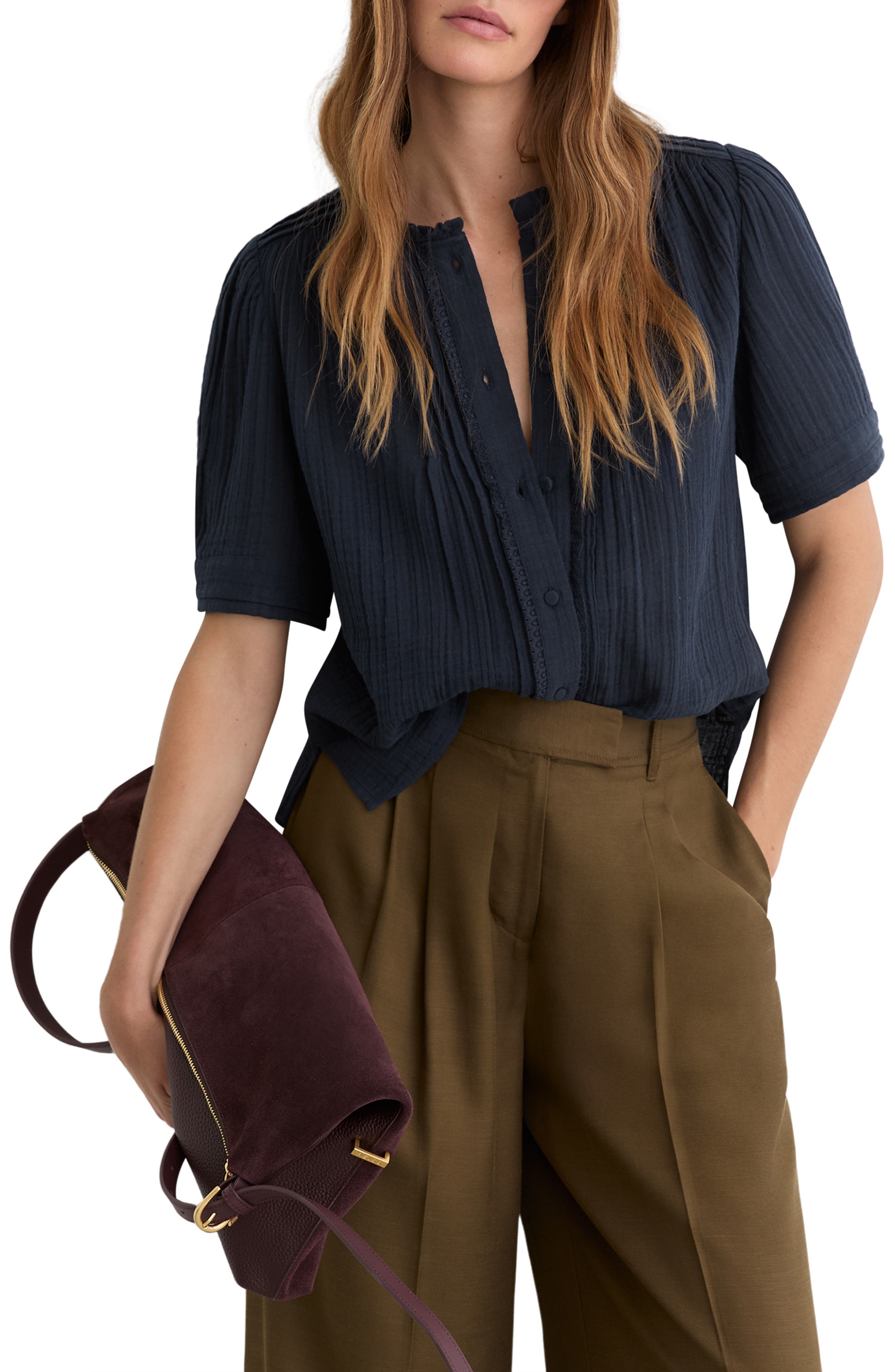Aurelia Pintuck Pleat Cotton Gauze Button-Up Shirt - image 1