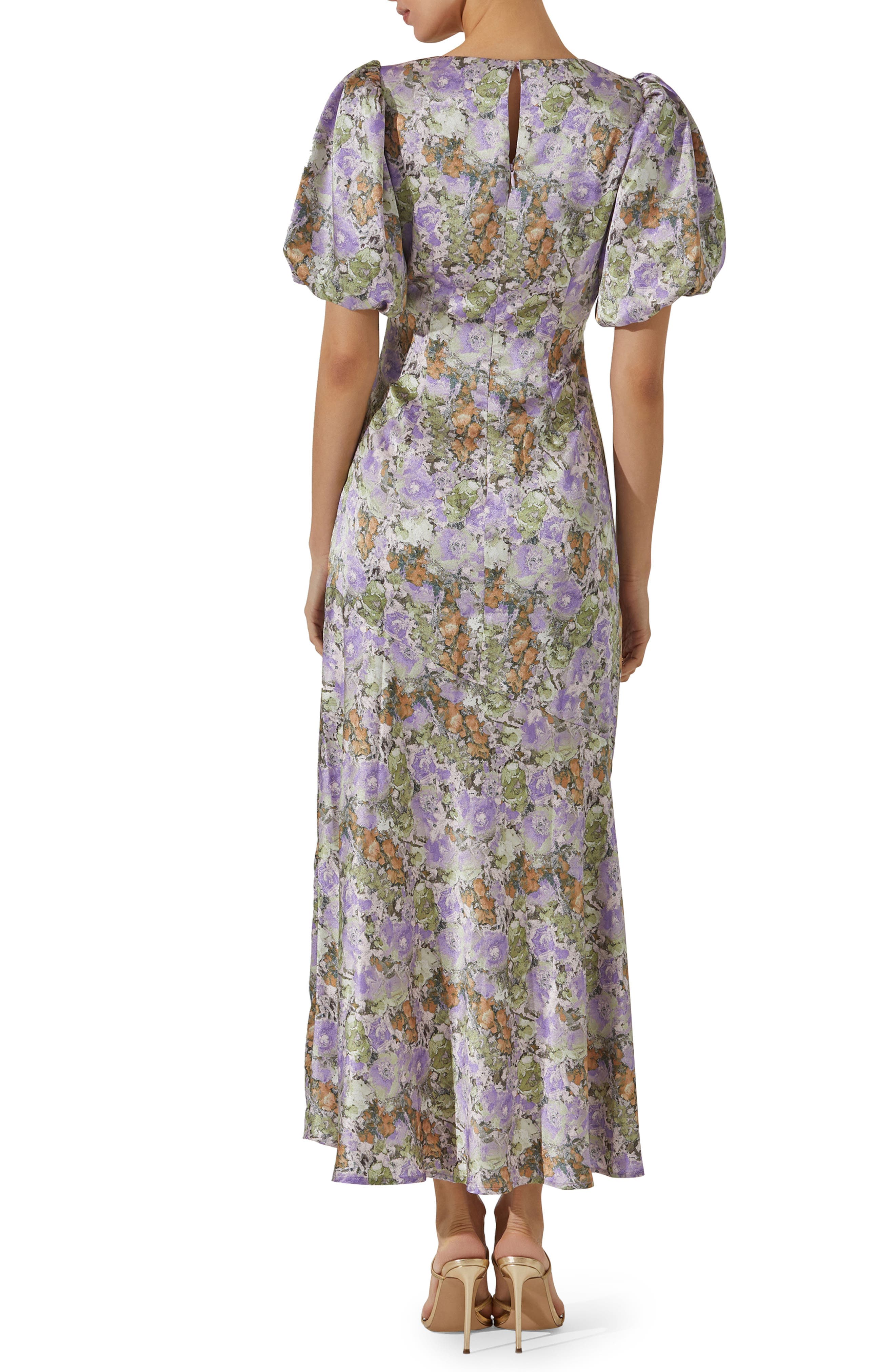 Floral Puff Sleeve Satin Maxi Dress - image 2