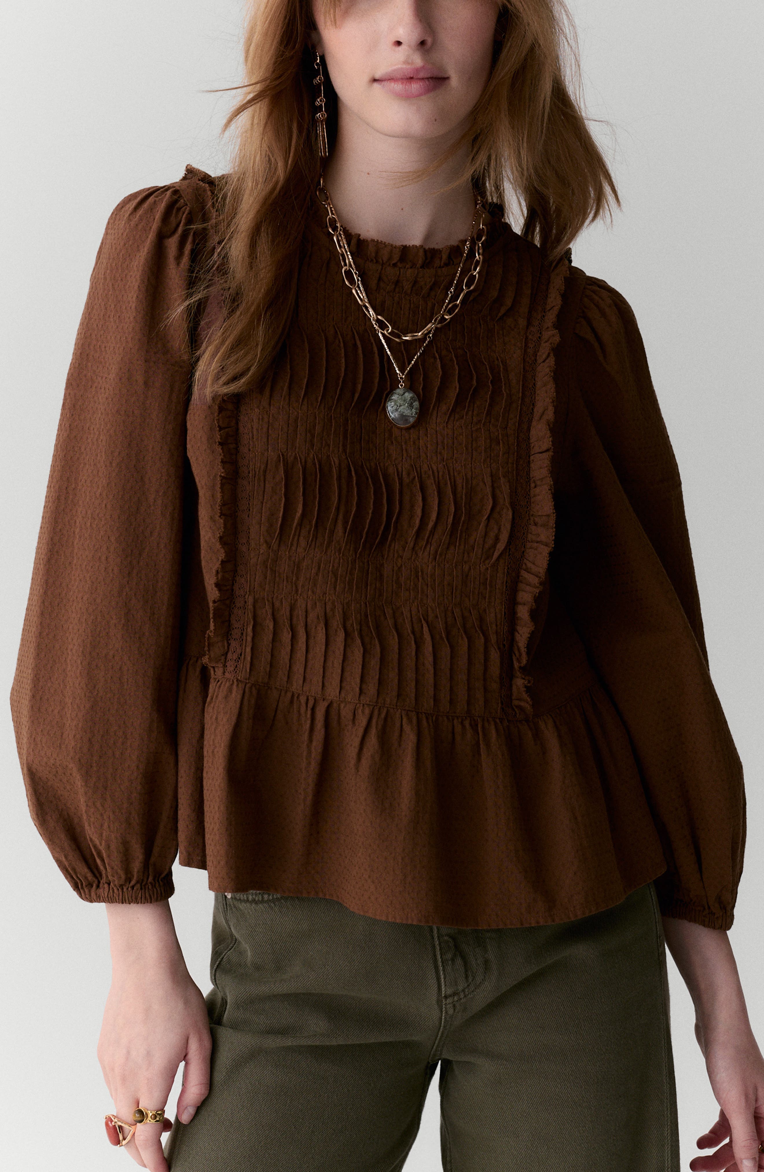Pleated Ruffle Trim Cotton Peplum Top - image 3