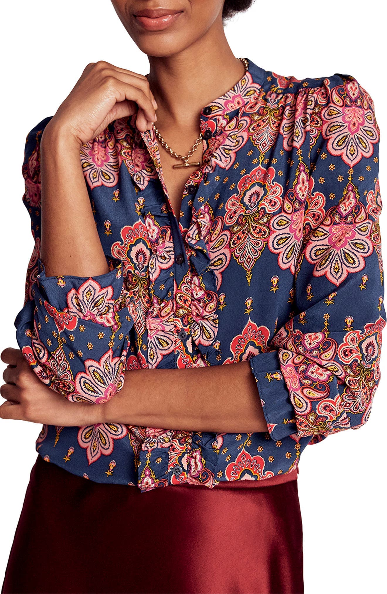 Alice Paisley Ruffle Silk Button-Up Shirt - image 1
