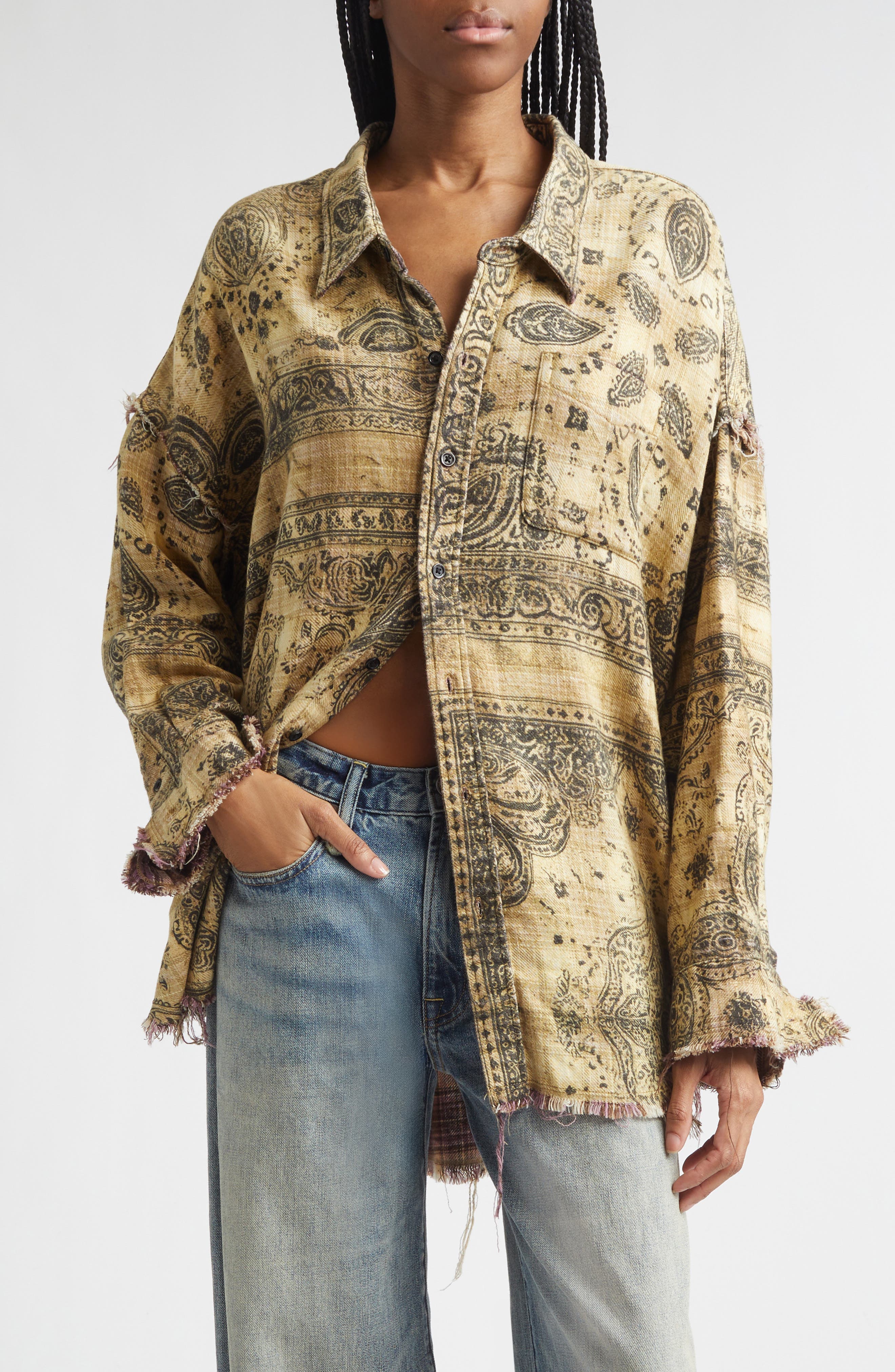 Oversize Shredded Seam Drop Neck Button-Up Shirt - image 2