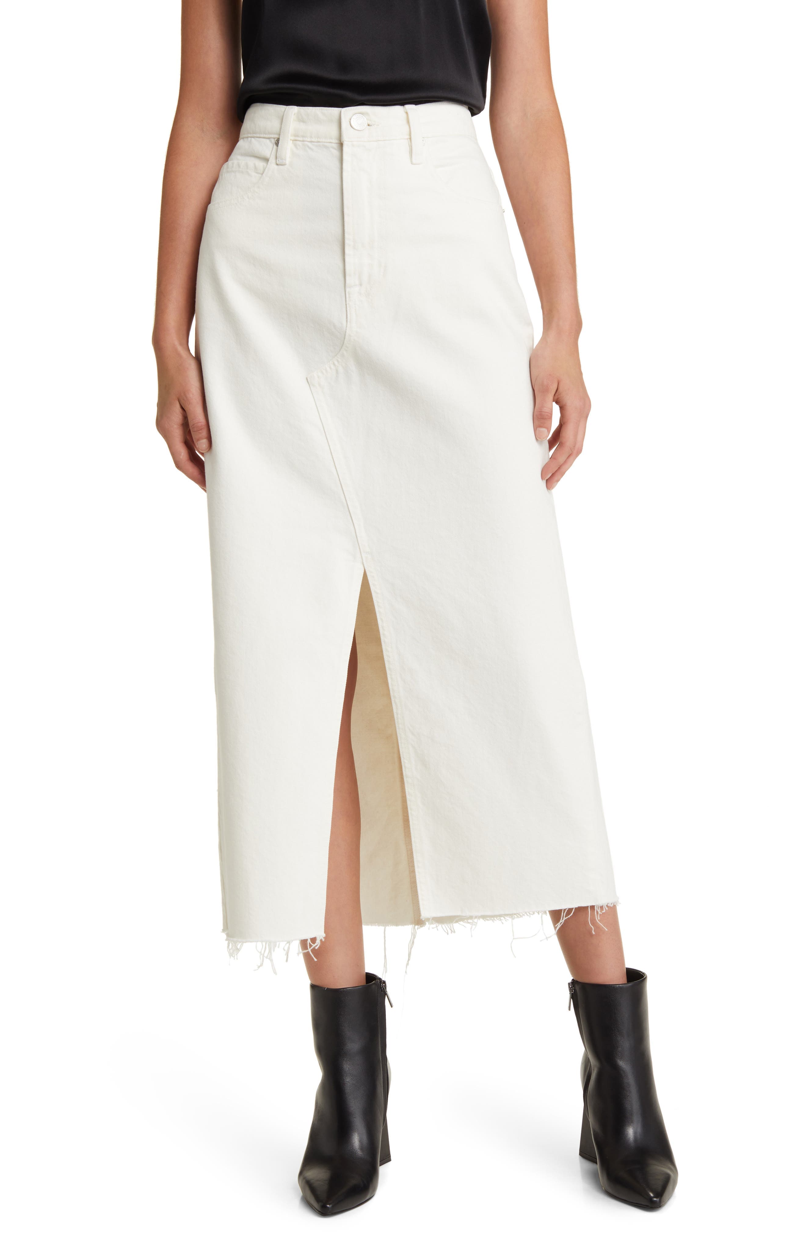 Angled Seam Raw Hem Denim Midi Skirt - image 1