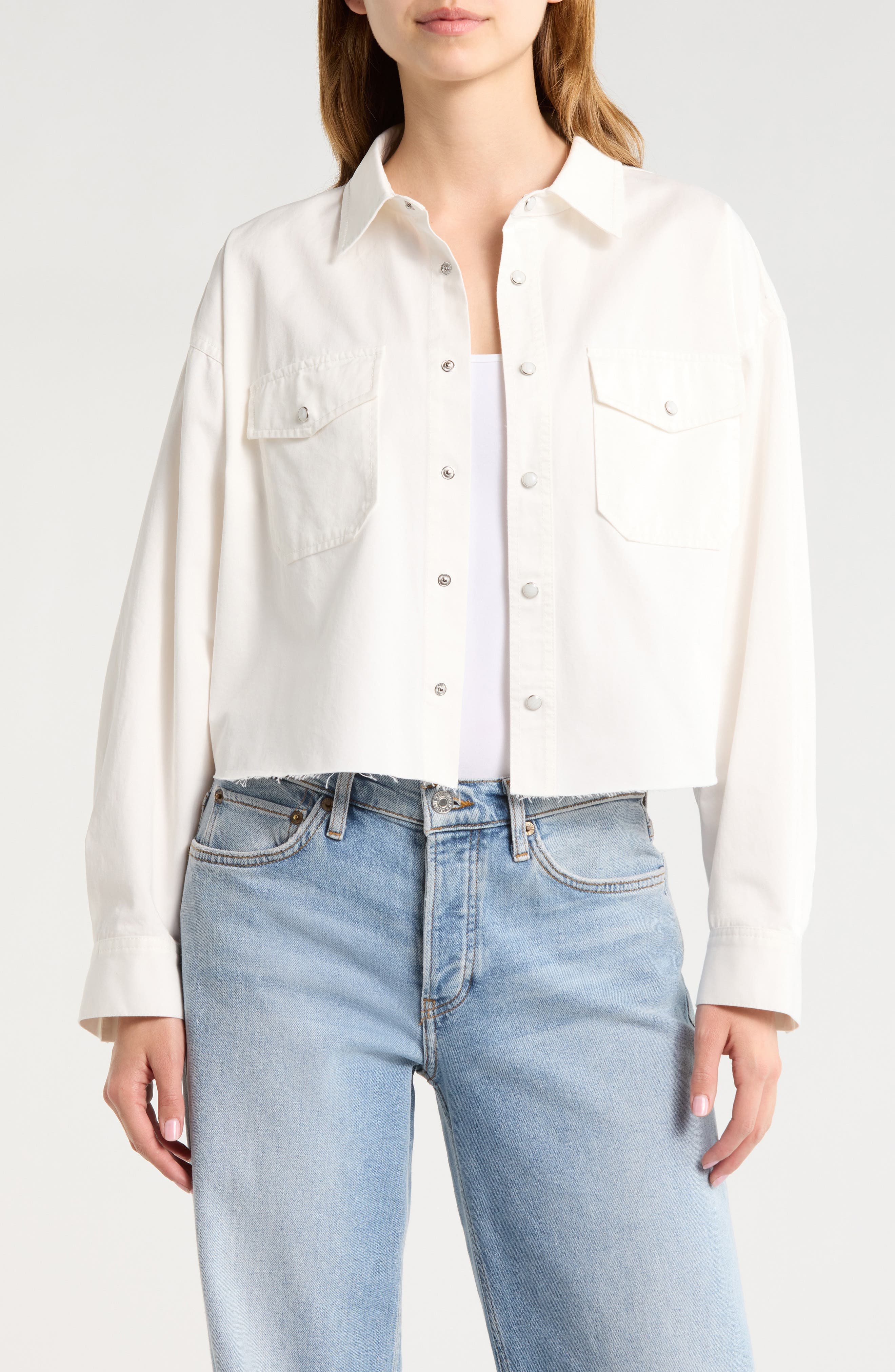 Camper Raw Hem Crop Snap-Up Twill Shirt - image 1