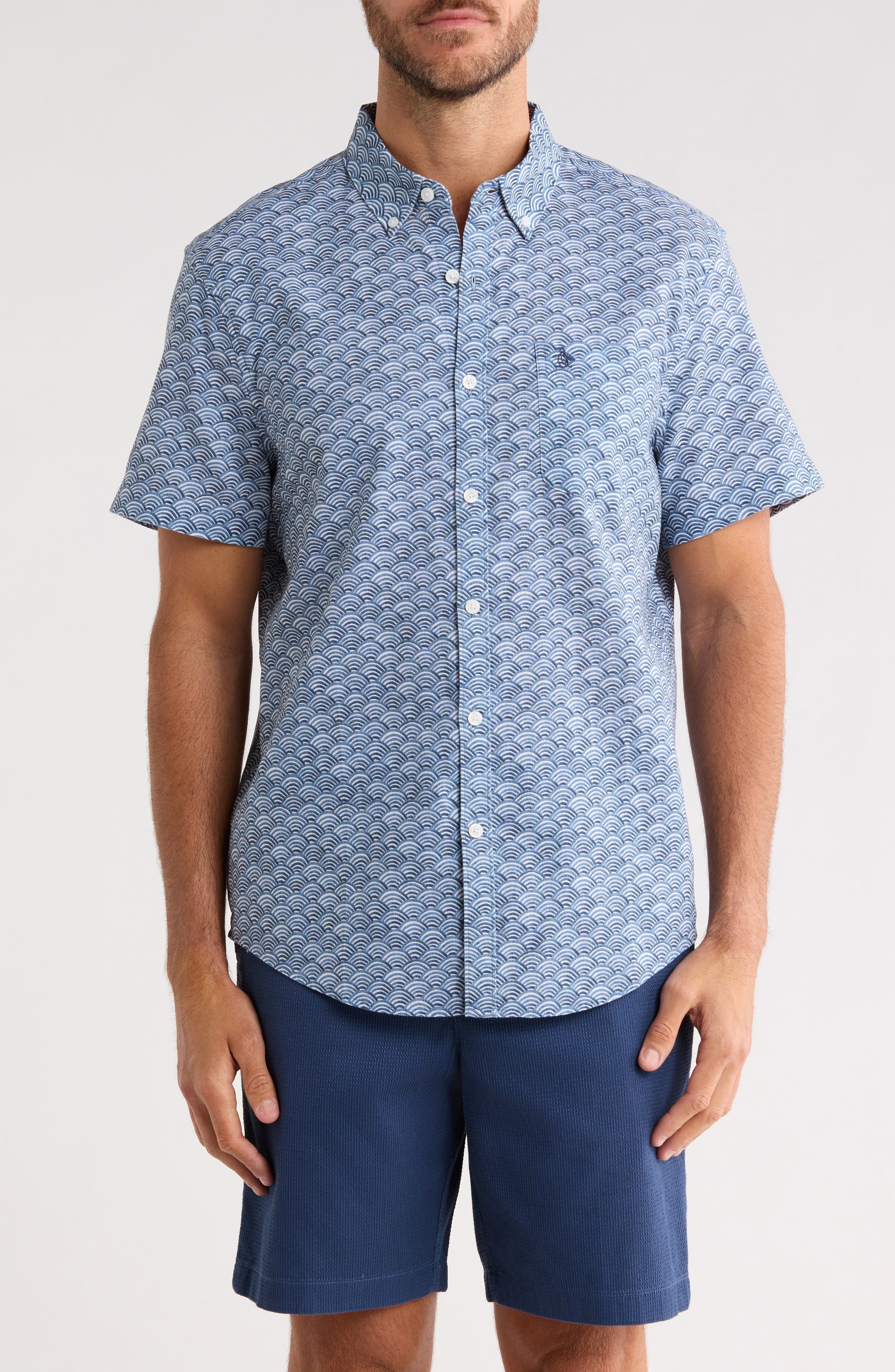 Wave Print Short Sleeve Linen & Cotton Blend Button-Down Shirt - image 1