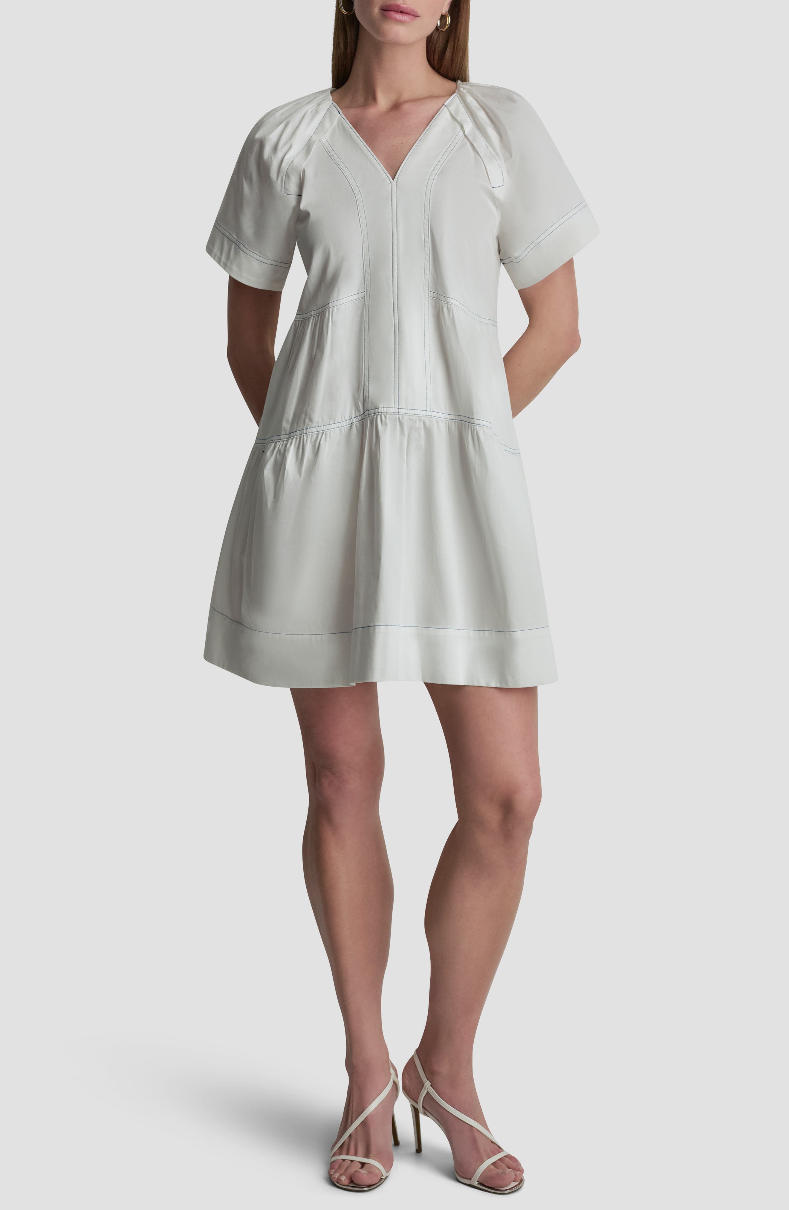 Topstitch Detail Stretch Cotton Tiered Minidress - image 1