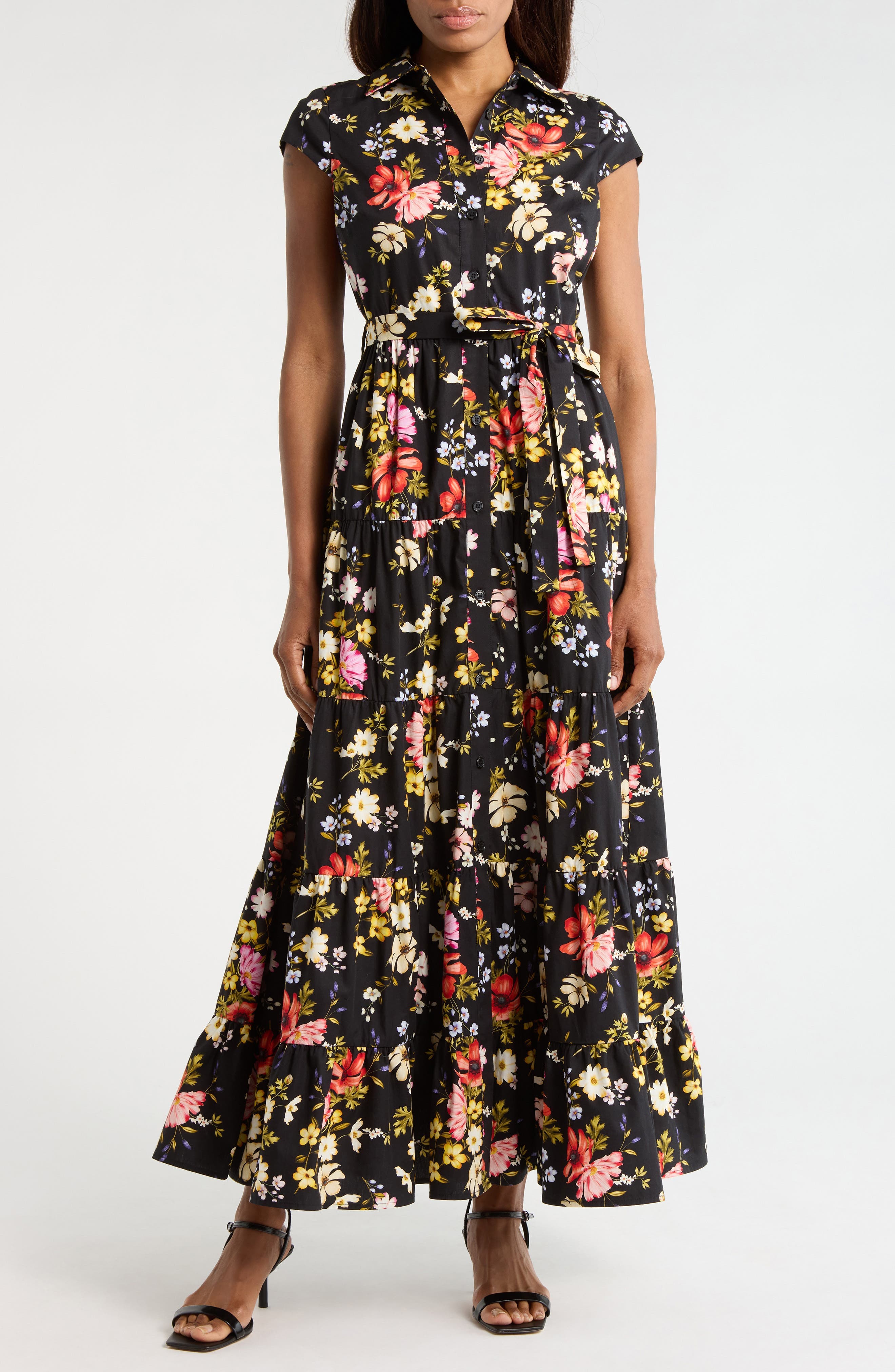 Floral Cap Sleeve Cotton Shirtdress - image 1