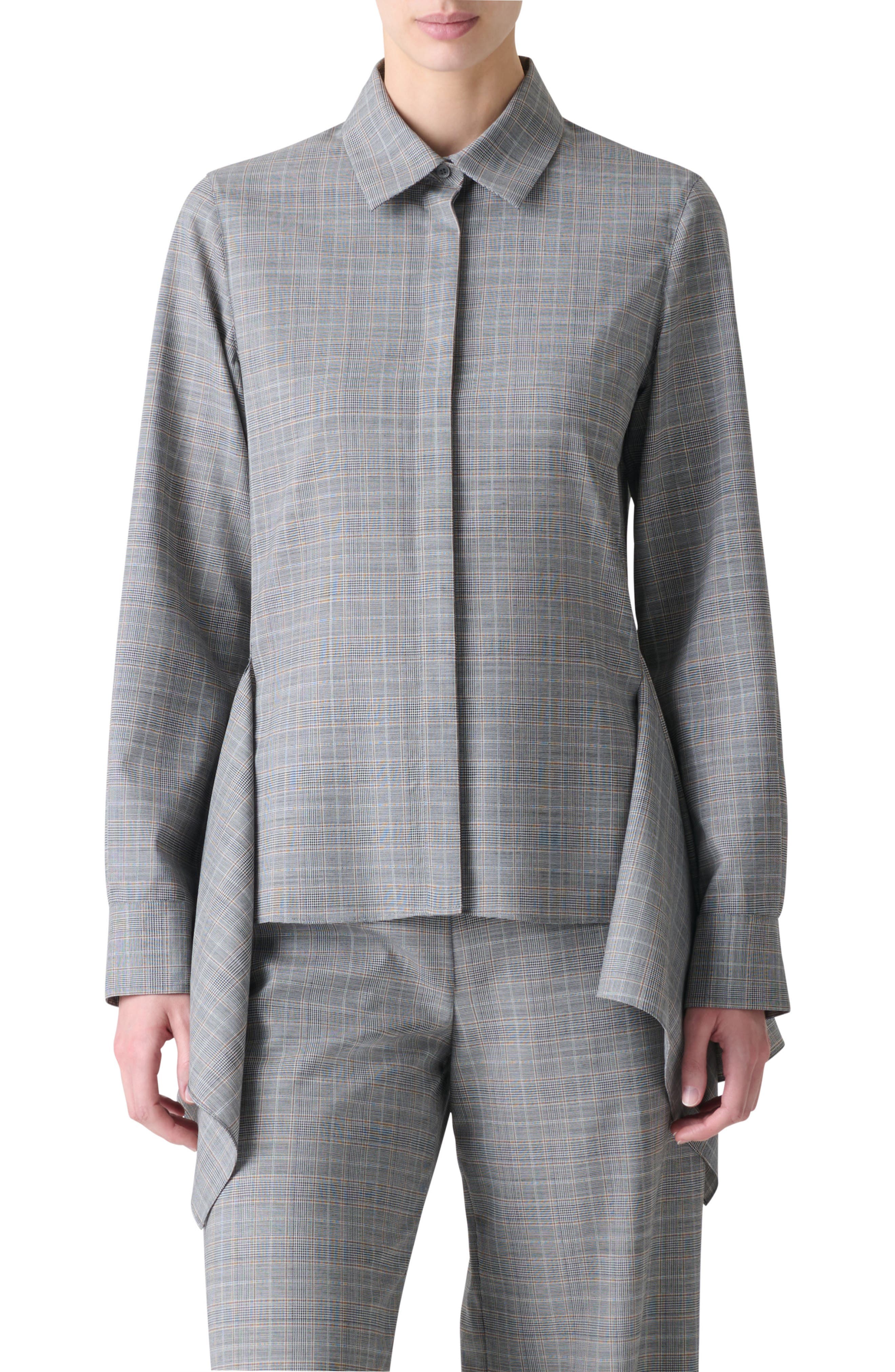 Prince of Wales Plaid Cool Wool Peplum Button-Up Shirt - image 1