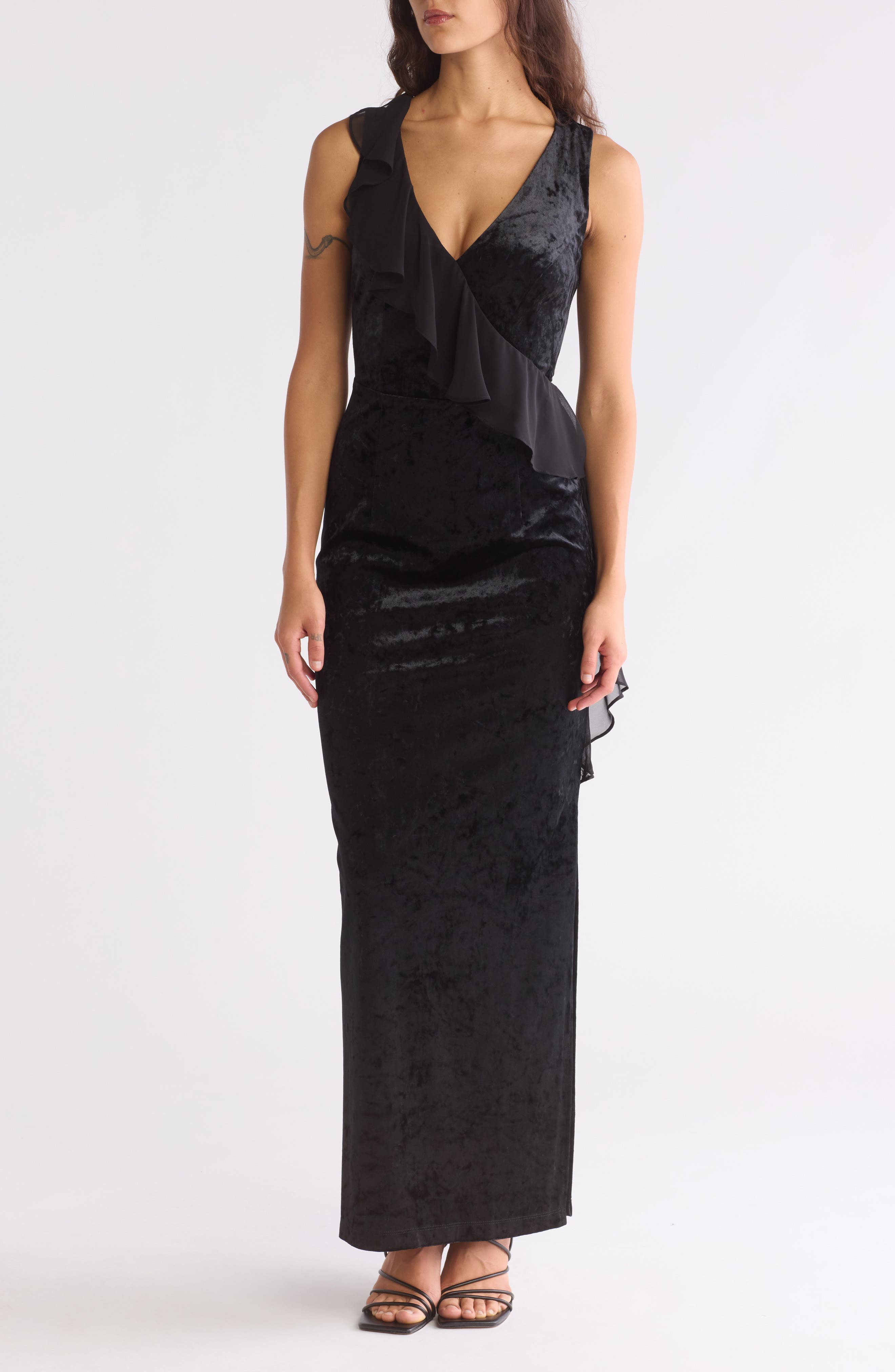 Ruffle Neck V-Neck Velvet Dress - image 1