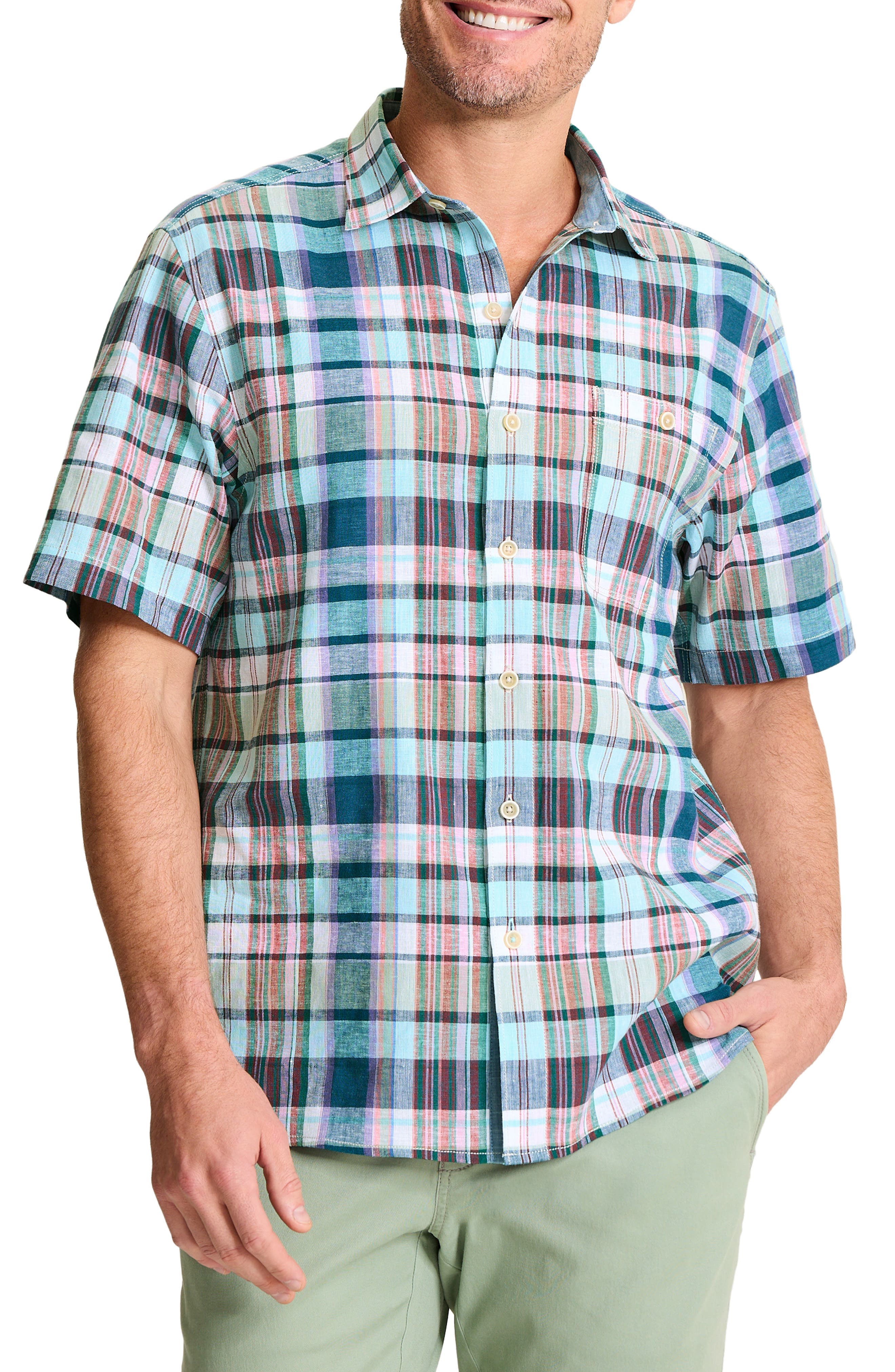Barbados Breeze Tavira Check Short Sleeve Stretch Linen Blend Button-Up Shirt - image 1