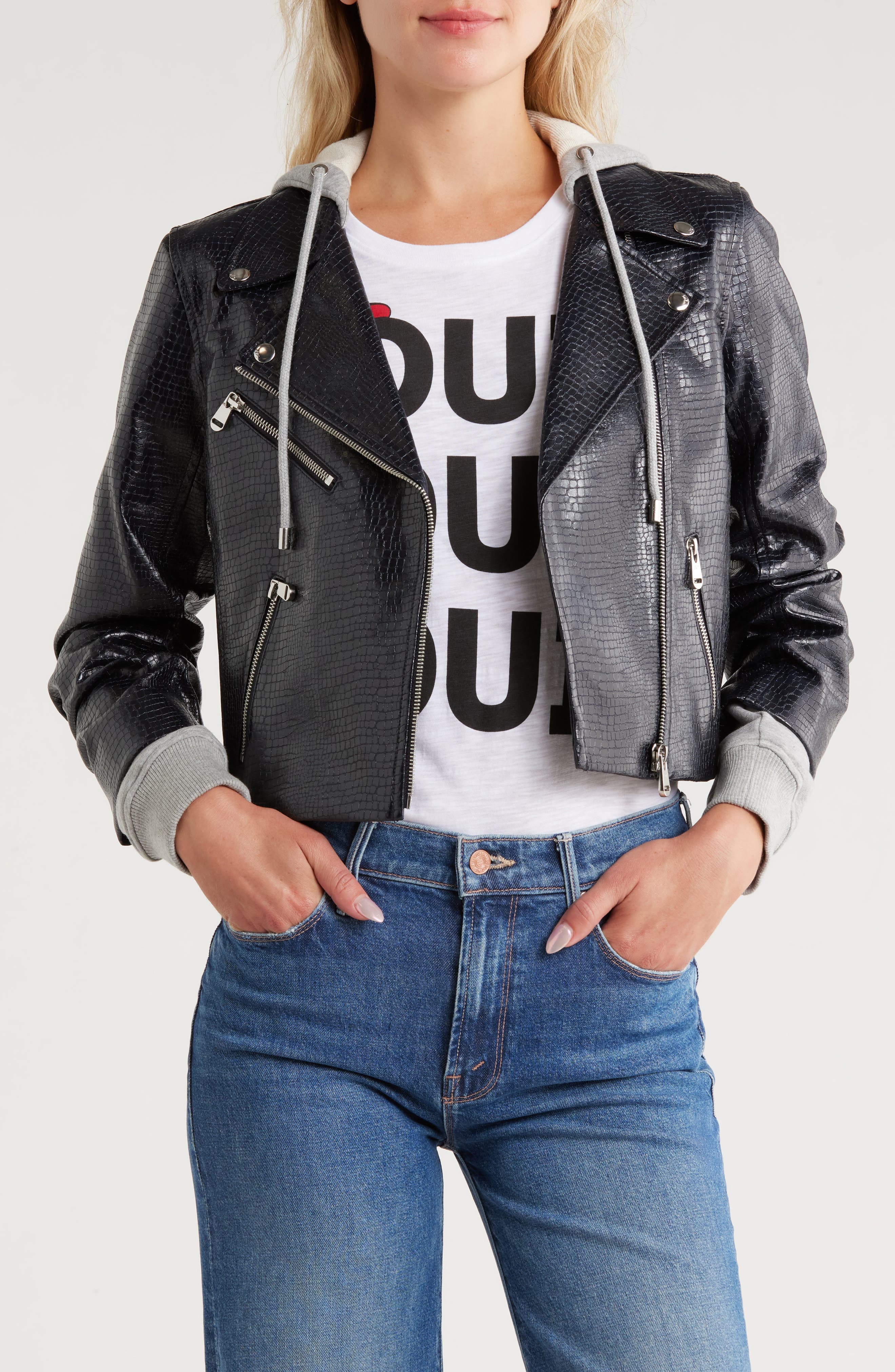 Evie Snakeprint Embossed Mixed Media Faux Leather Moto Jacket - image 1