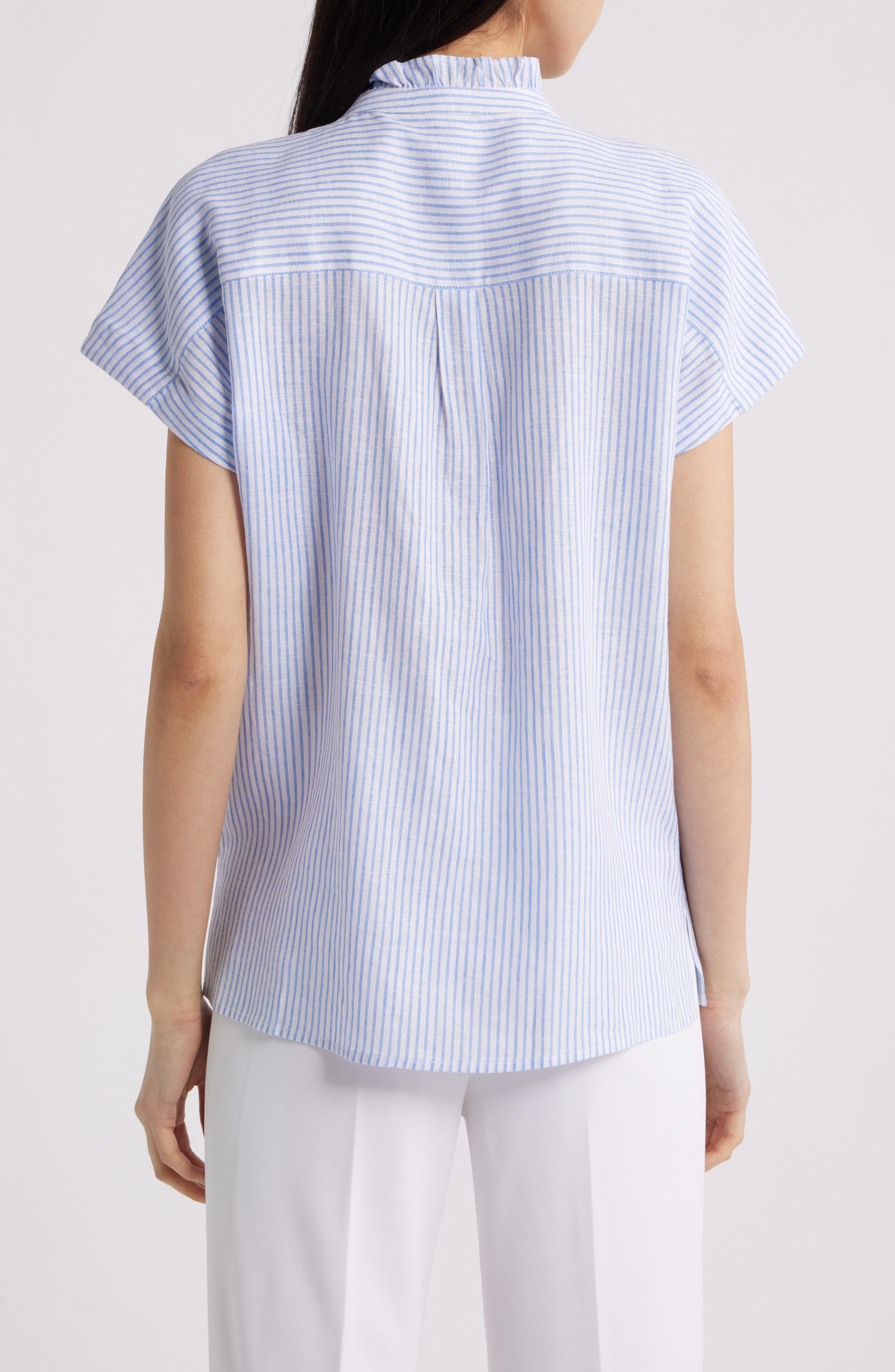 Pinstripe Ruffle Trim Linen Blend Button-Up Top - image 2