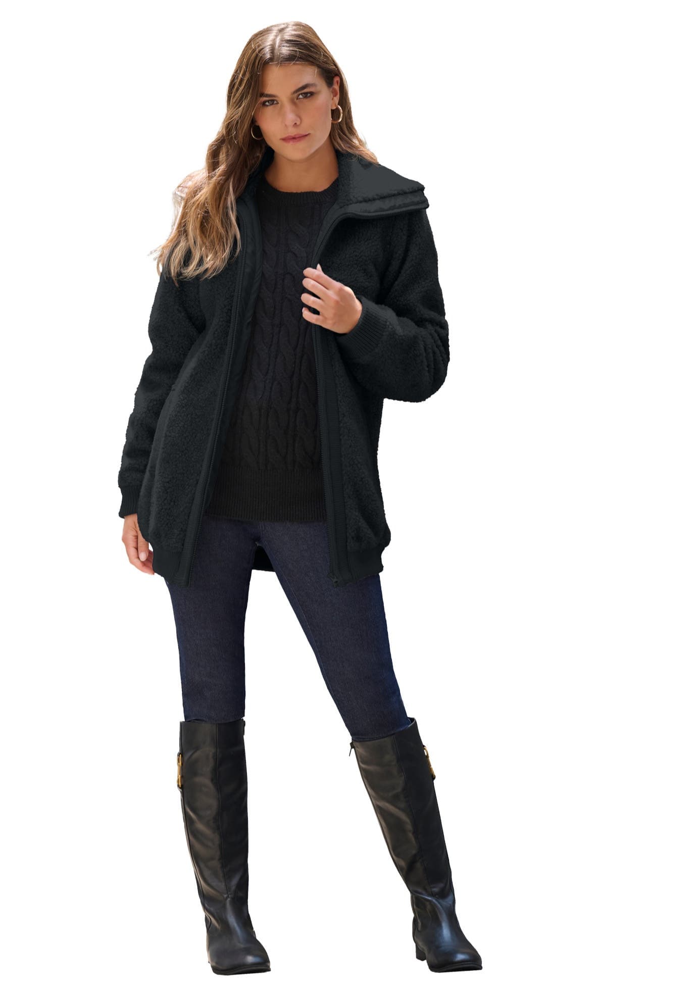 Plus Size High Collar Teddy Fleece Bomber - image 1