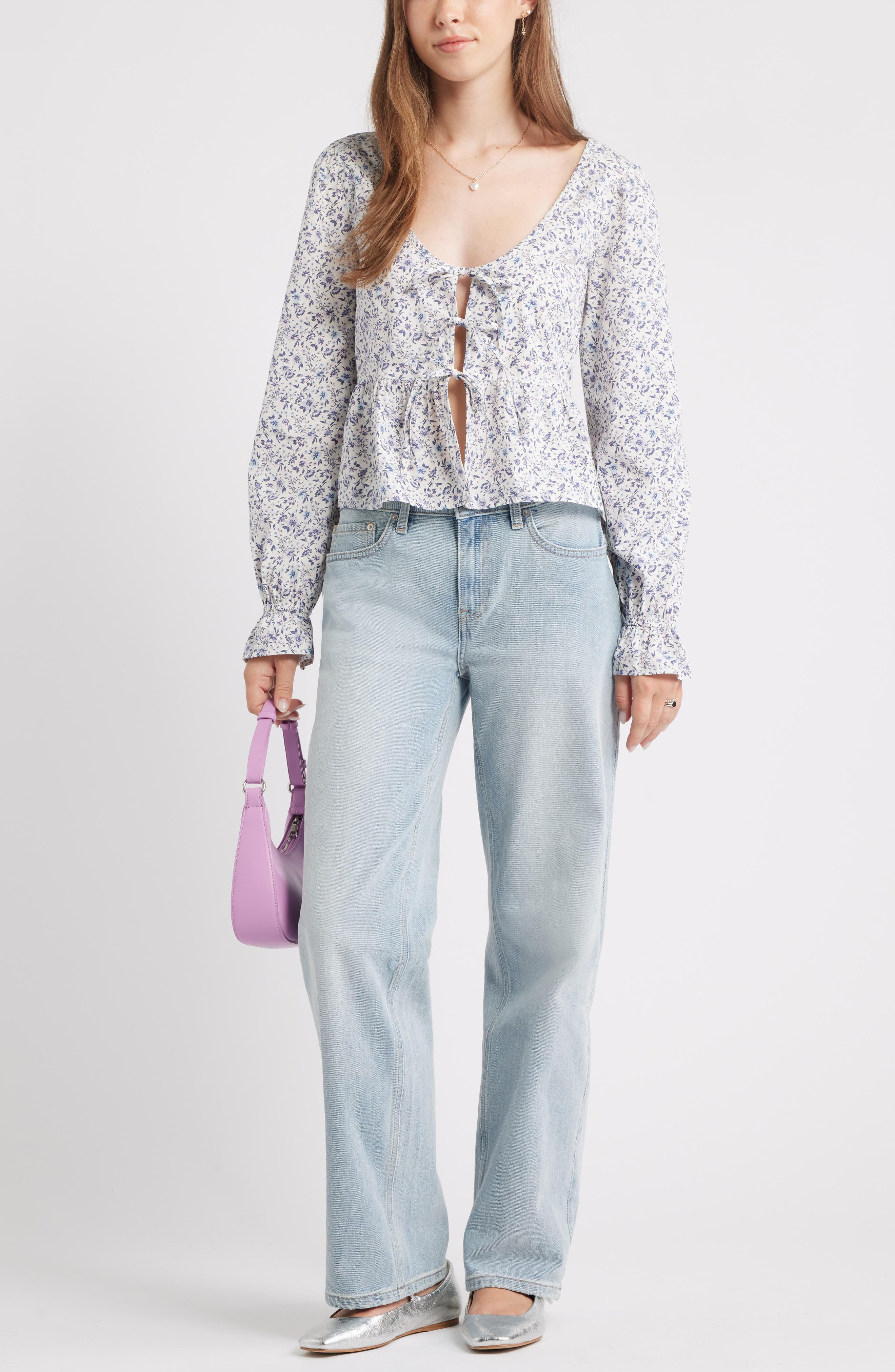 Tie Front Scoop Neck Cotton Poplin Peplum Top - image 4
