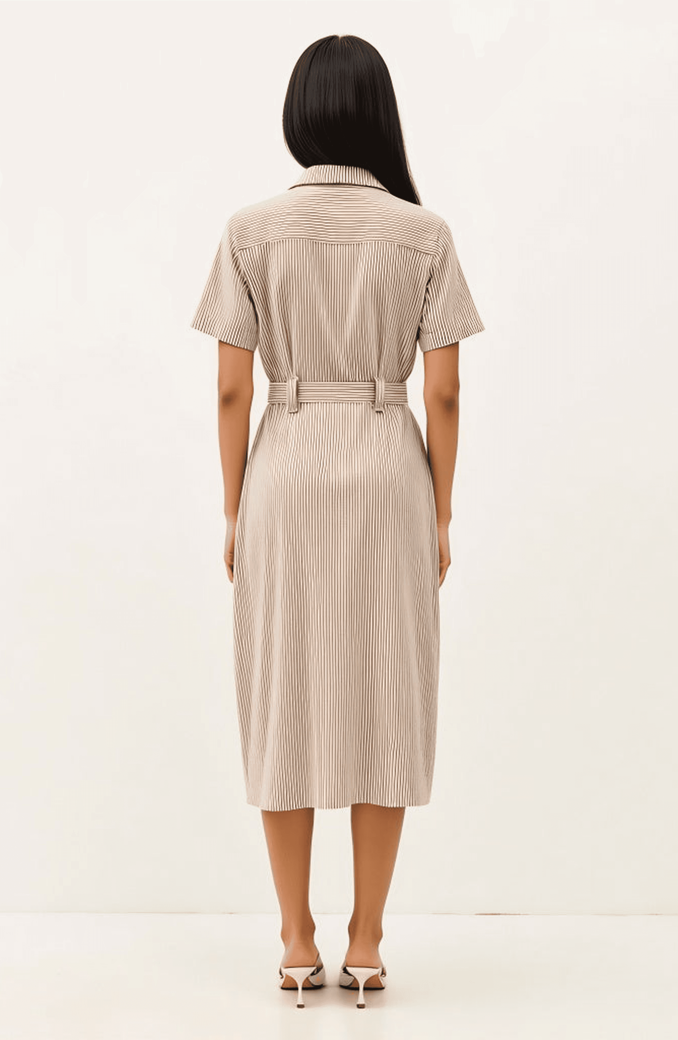 Striped Button-Down Midi Dress with Waist Tie and Collared Neckline - image 2