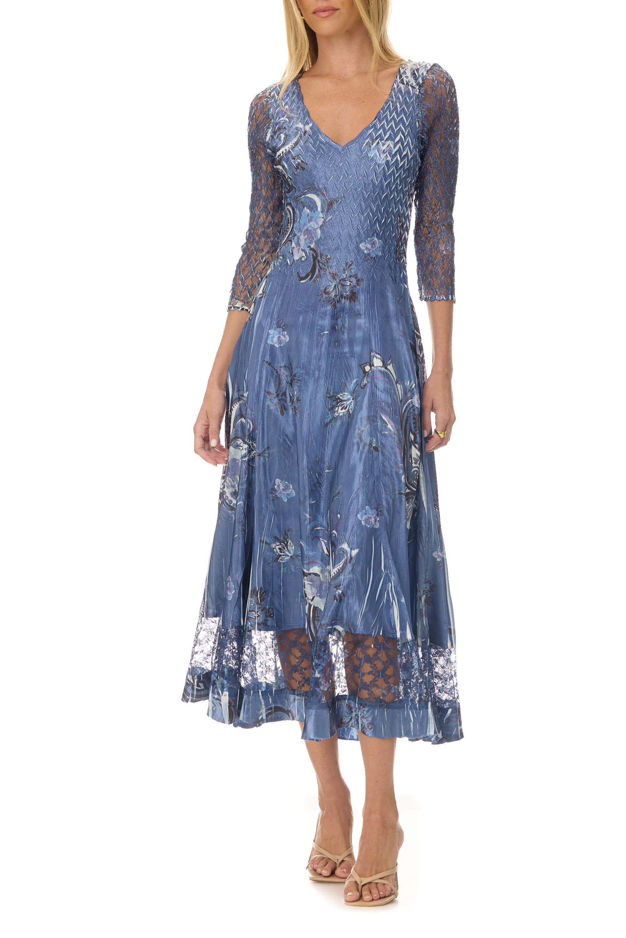 Paisley Charmuese Dress with Lace Sleeves - image 1