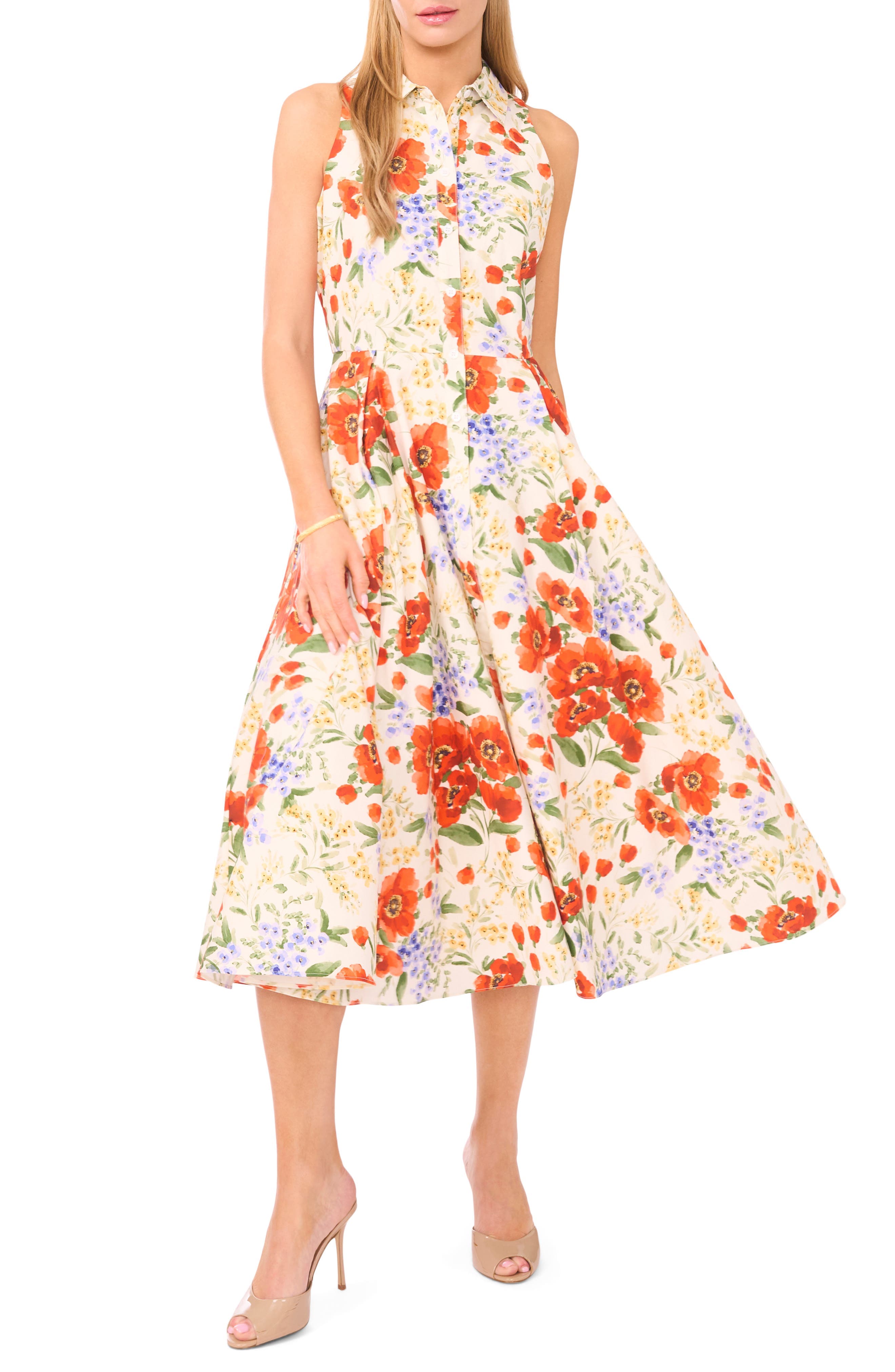 Noemi Floral Pleated Sleeveless Cotton Midi Shirtdress - image 1