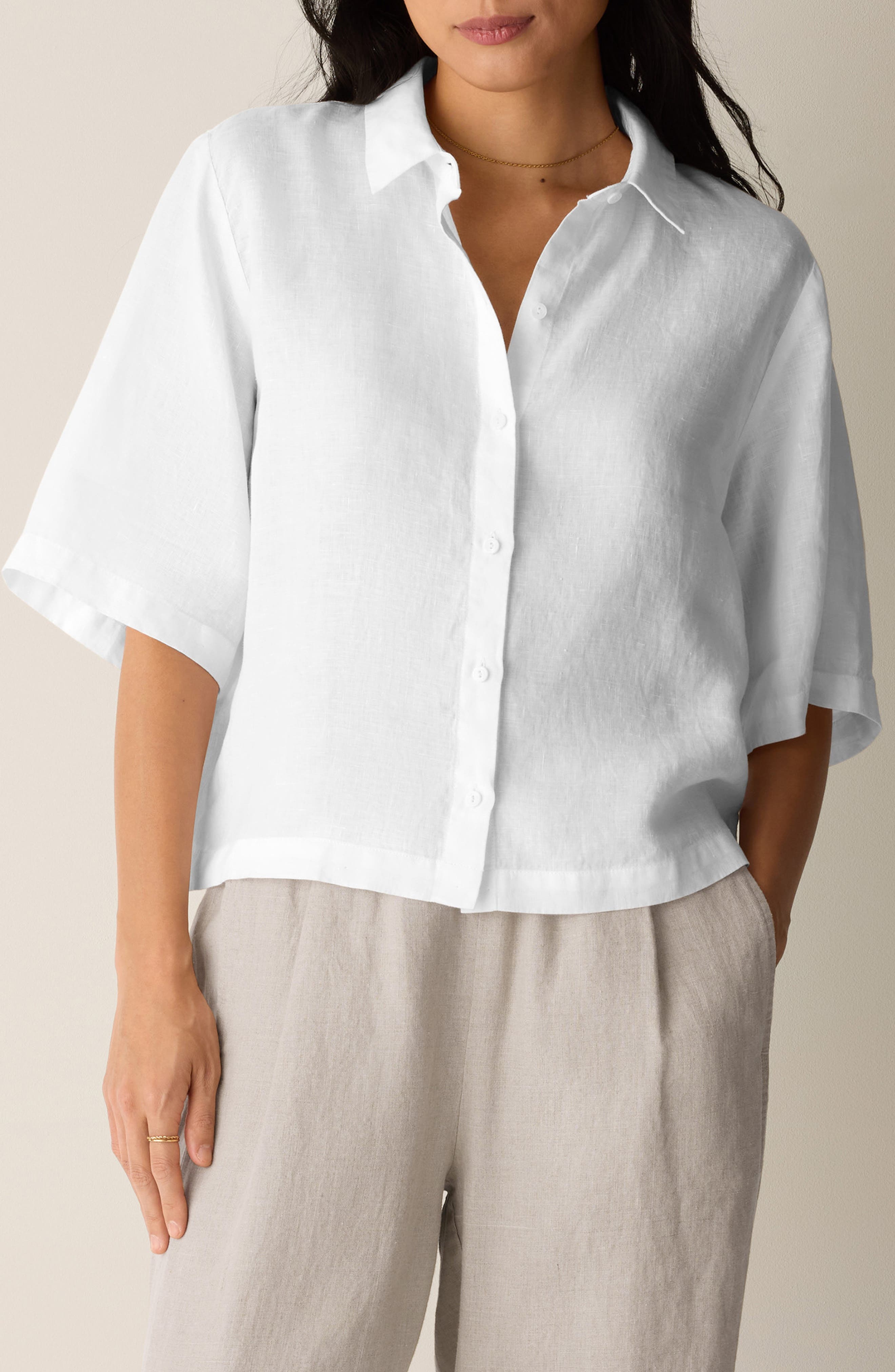 Classic Collar Elbow Sleeve Organic Linen Button-Up Shirt - image 1