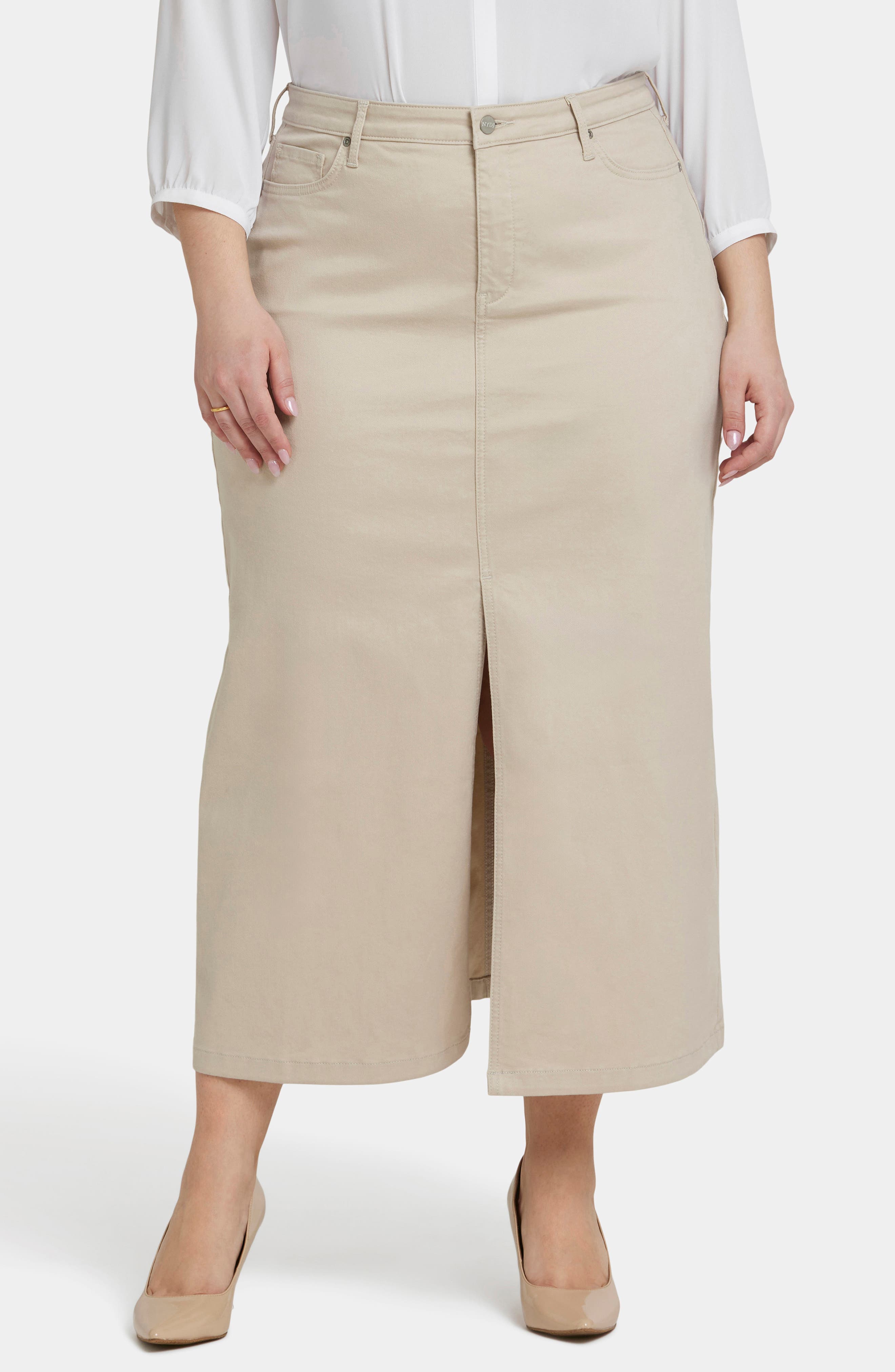 High Waist Slit Front Denim Maxi Skirt