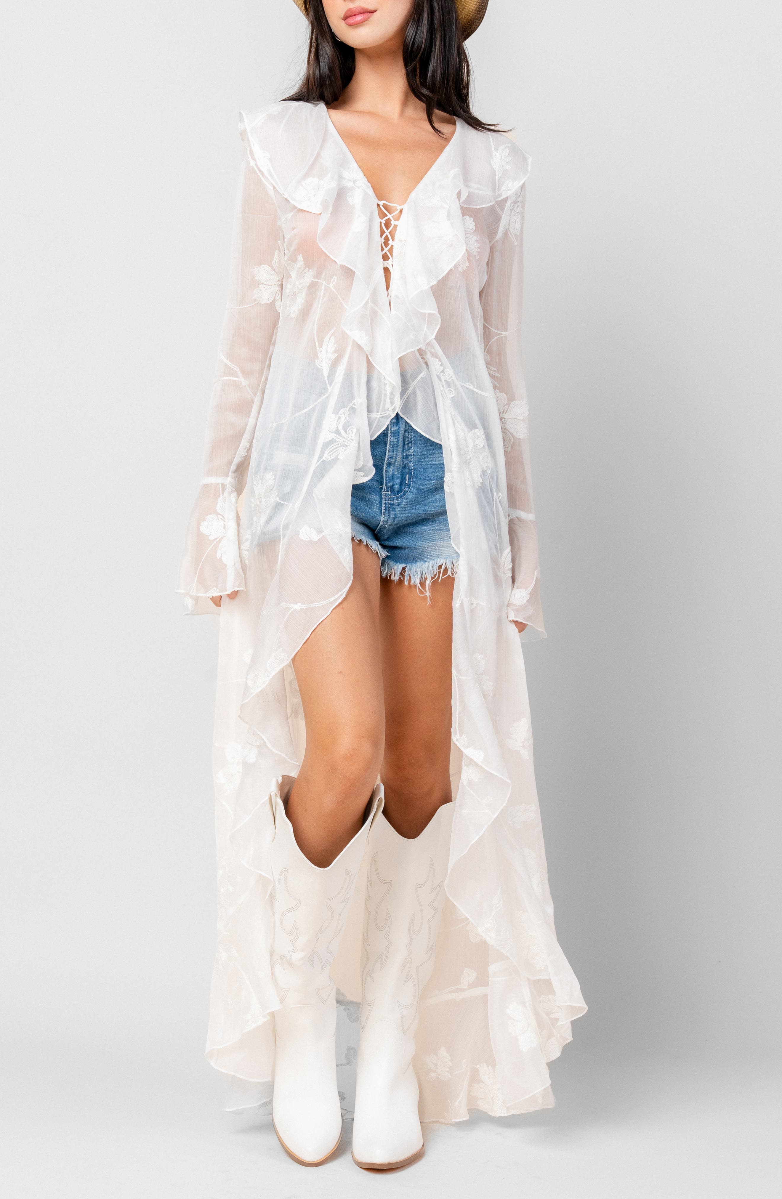 Embroidered Ruffle Chiffon Duster - image 1