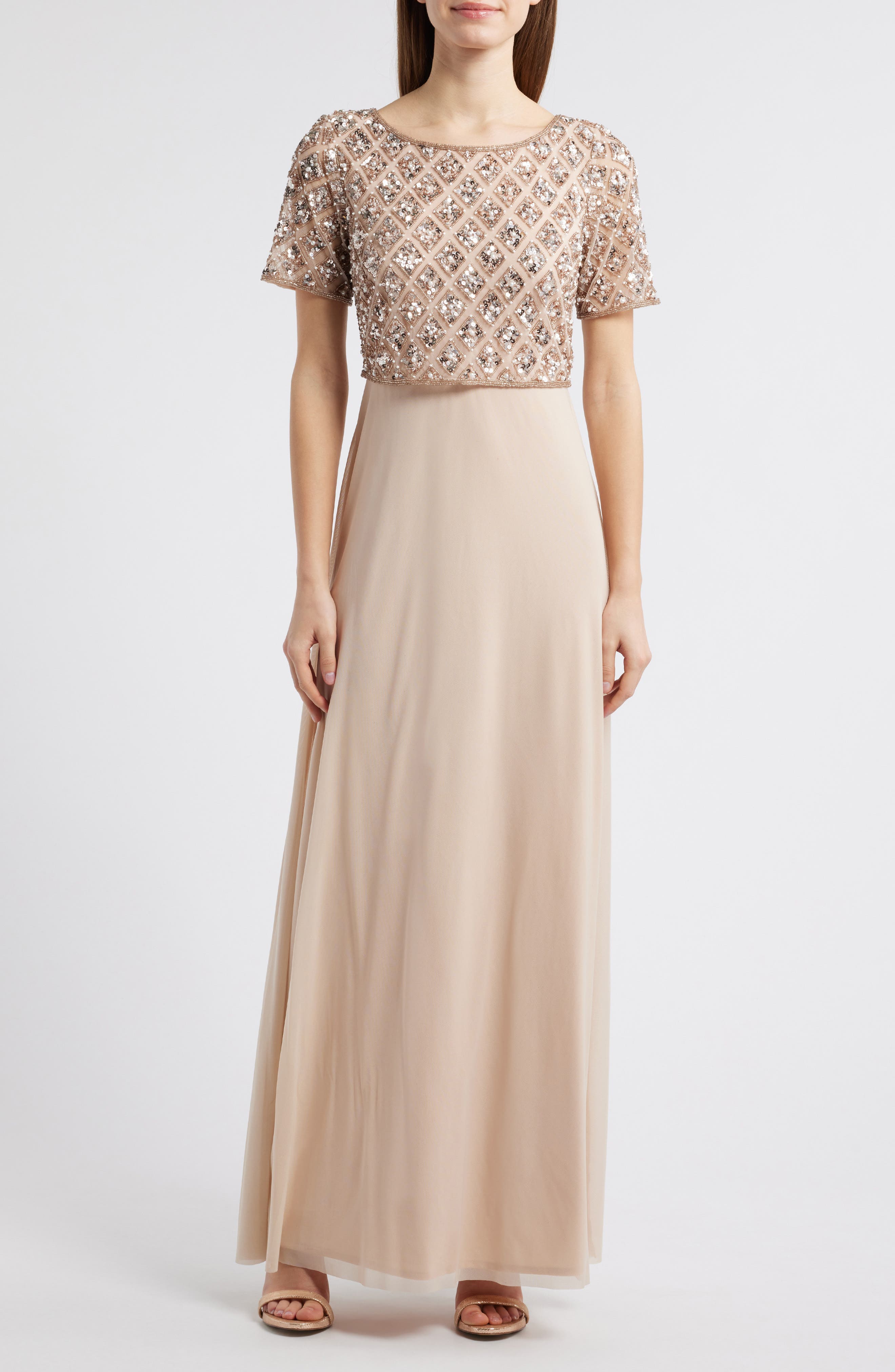 Beaded Mesh Mock Two-Piece Evening Dress - image 1
