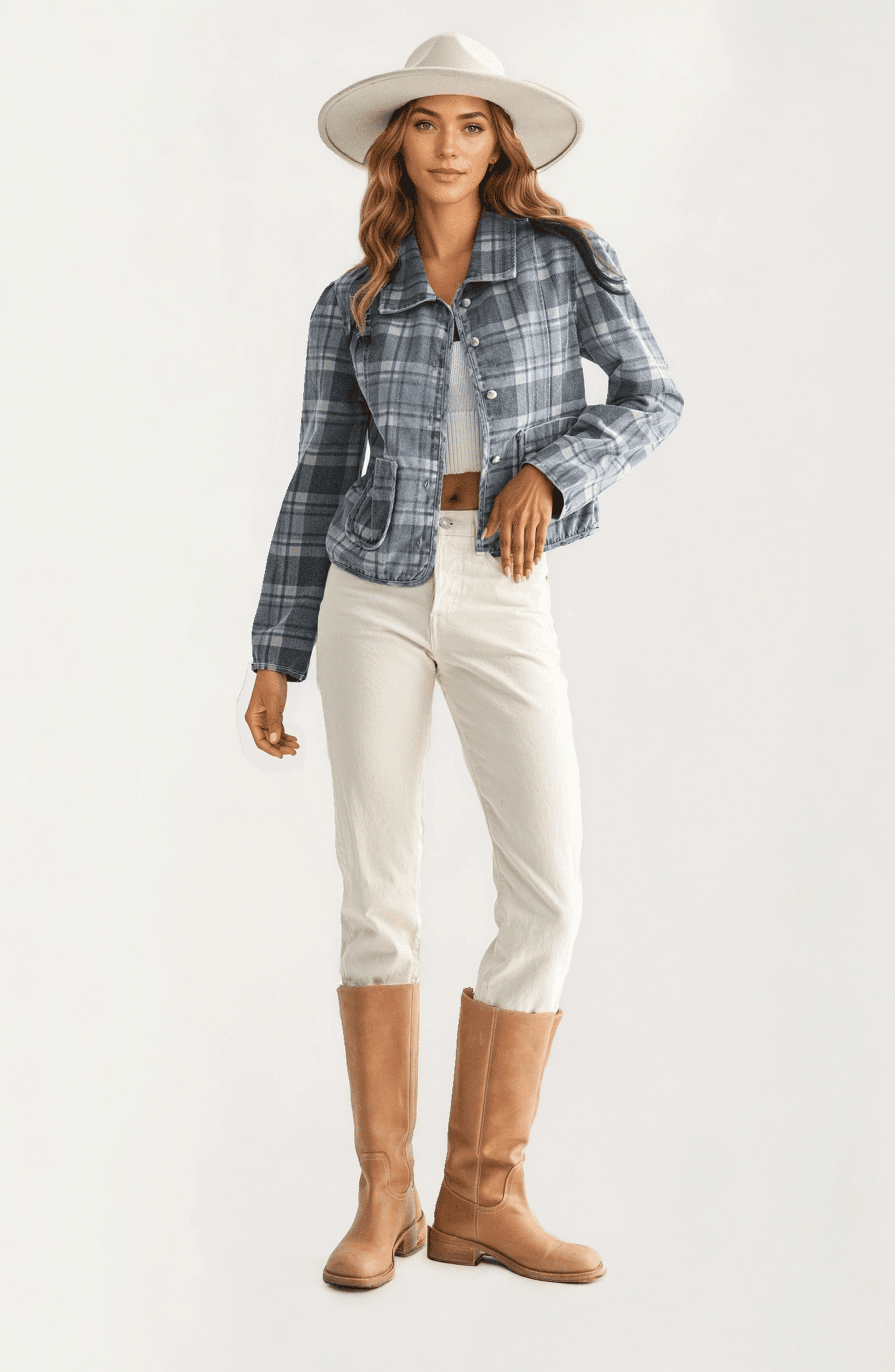 Cropped Plaid Button-Front Pocket Detail Jacket - image 1