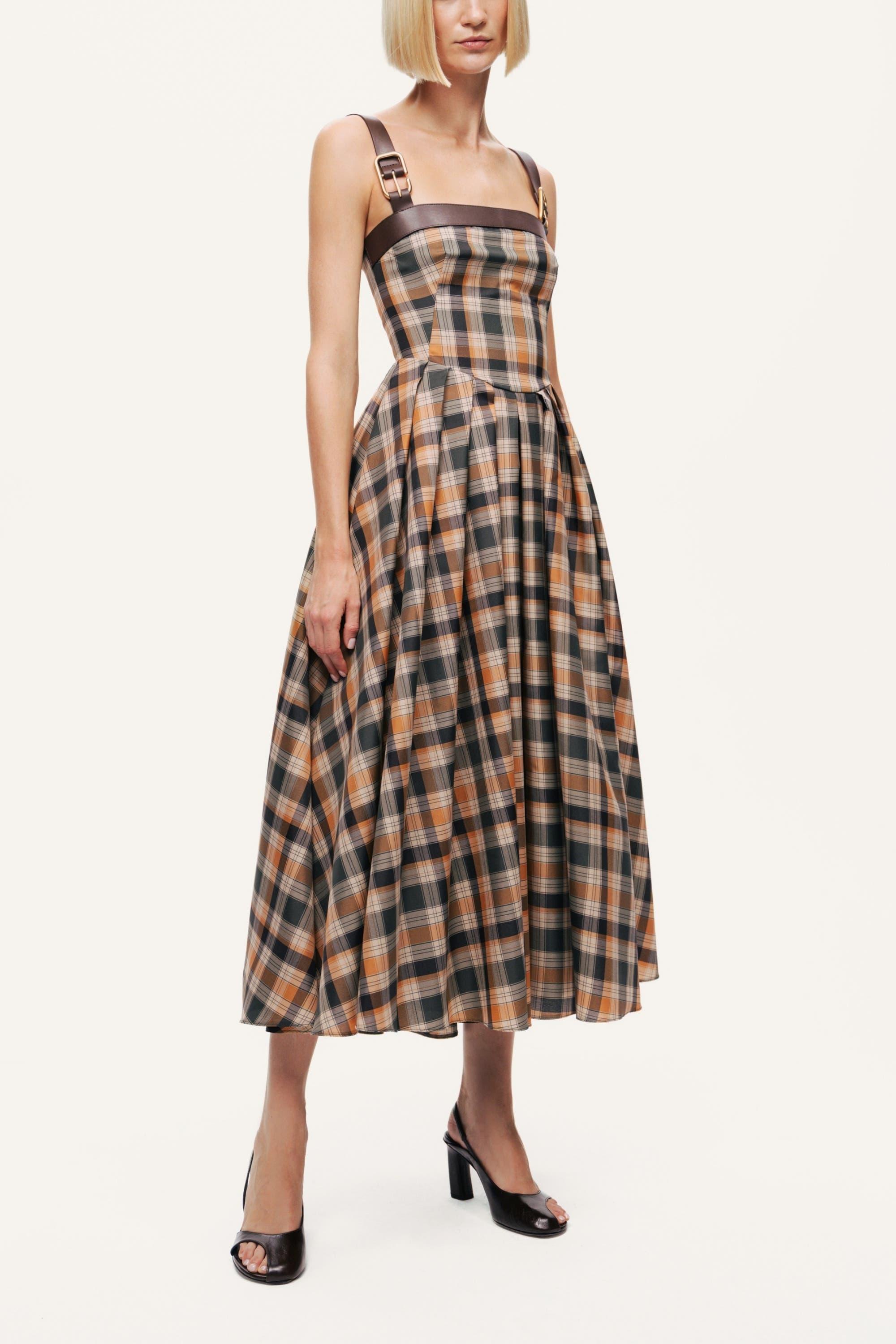 Plaid Pleated Maxi Dress with Faux Leather Belt - image 1