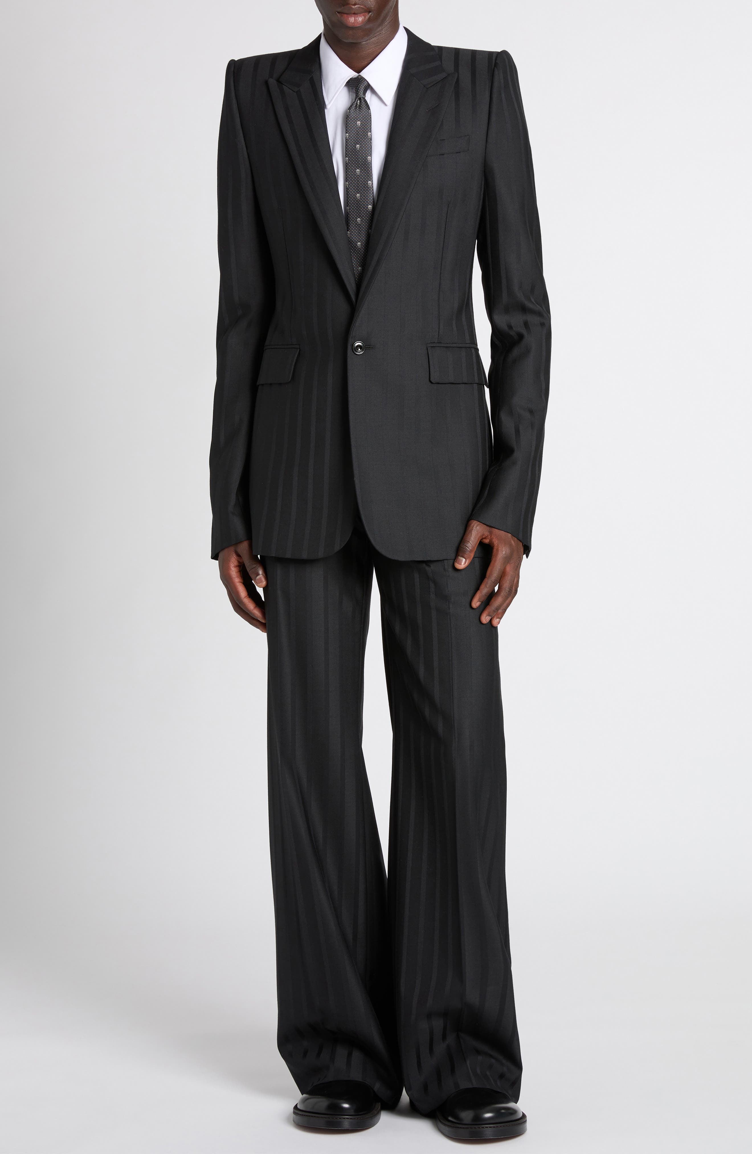 Stripe Stacked Shoulder Peak Lapel Blazer - image 2