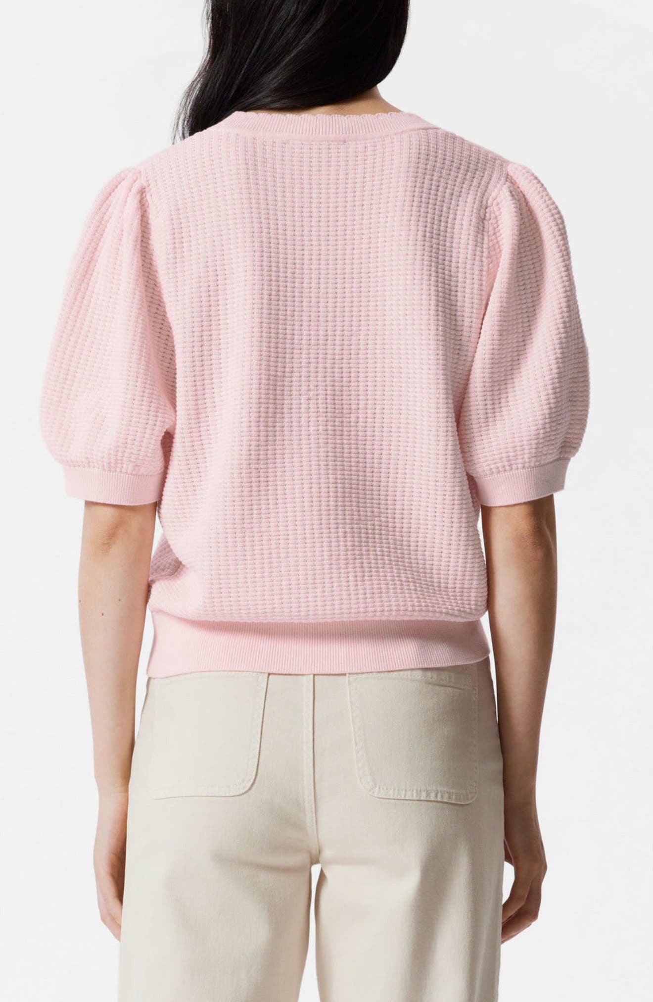 Scalloped Detail Puff Sleeve Cotton Sweater - image 2
