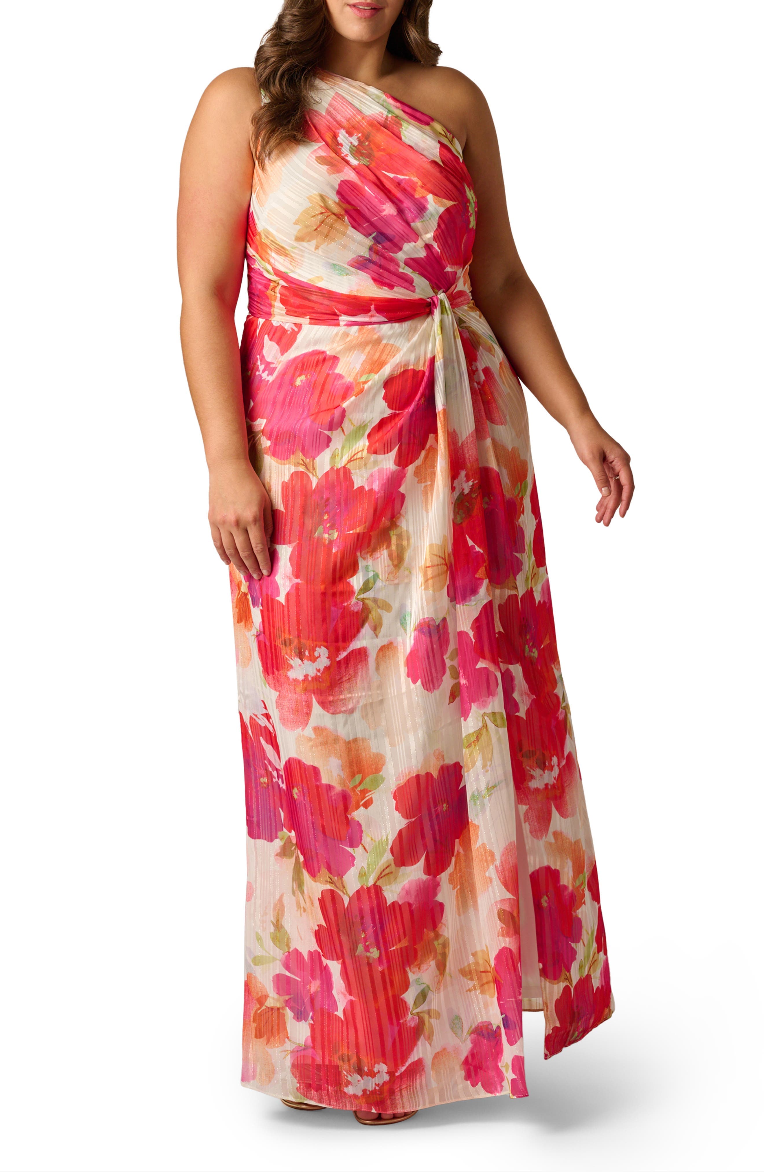 One-Shoulder Satin & Chiffon Evening Gown - image 1