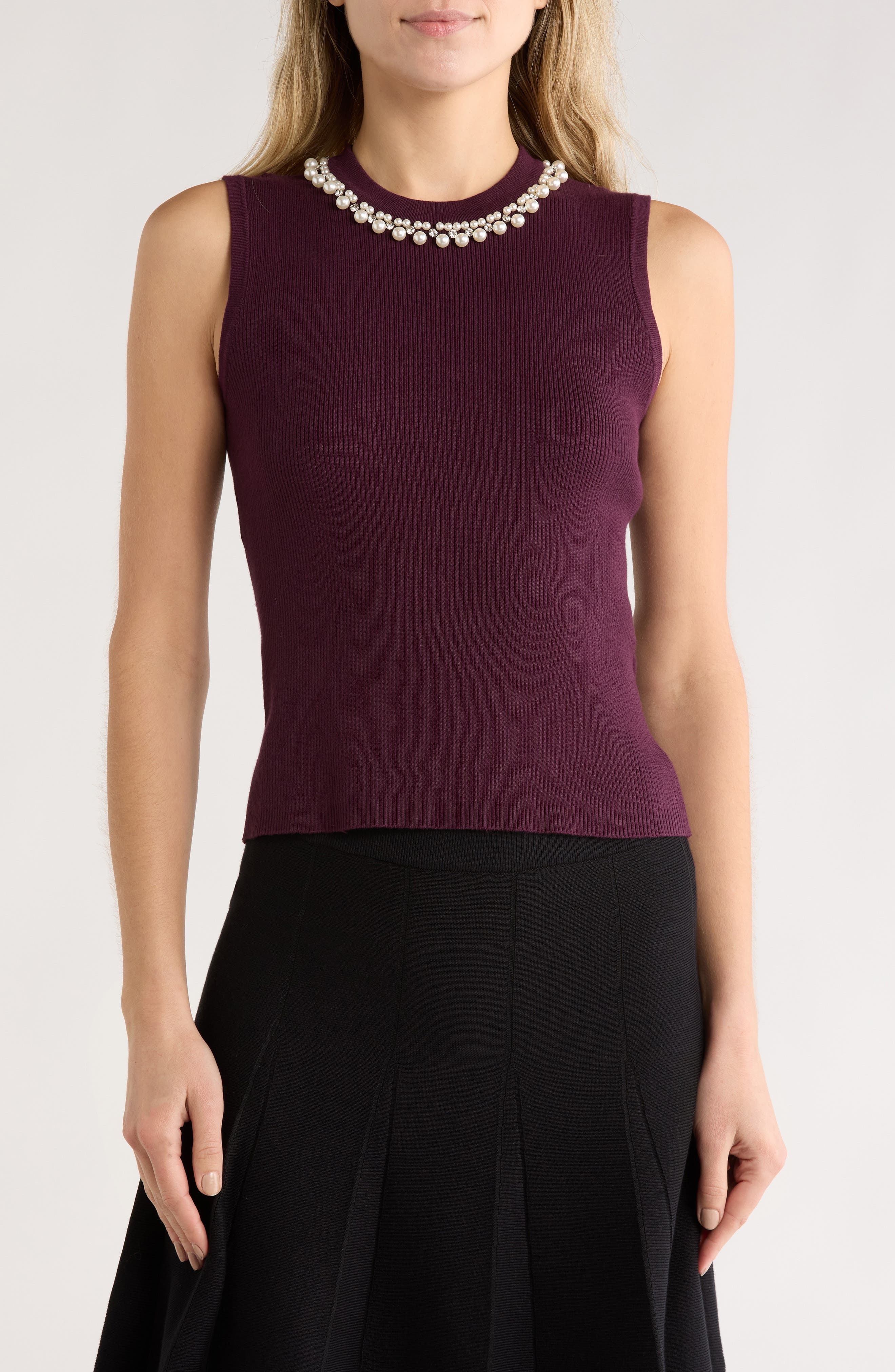 Faux Pearl & Rhinestone Collar Sleeveless Sweater - image 5