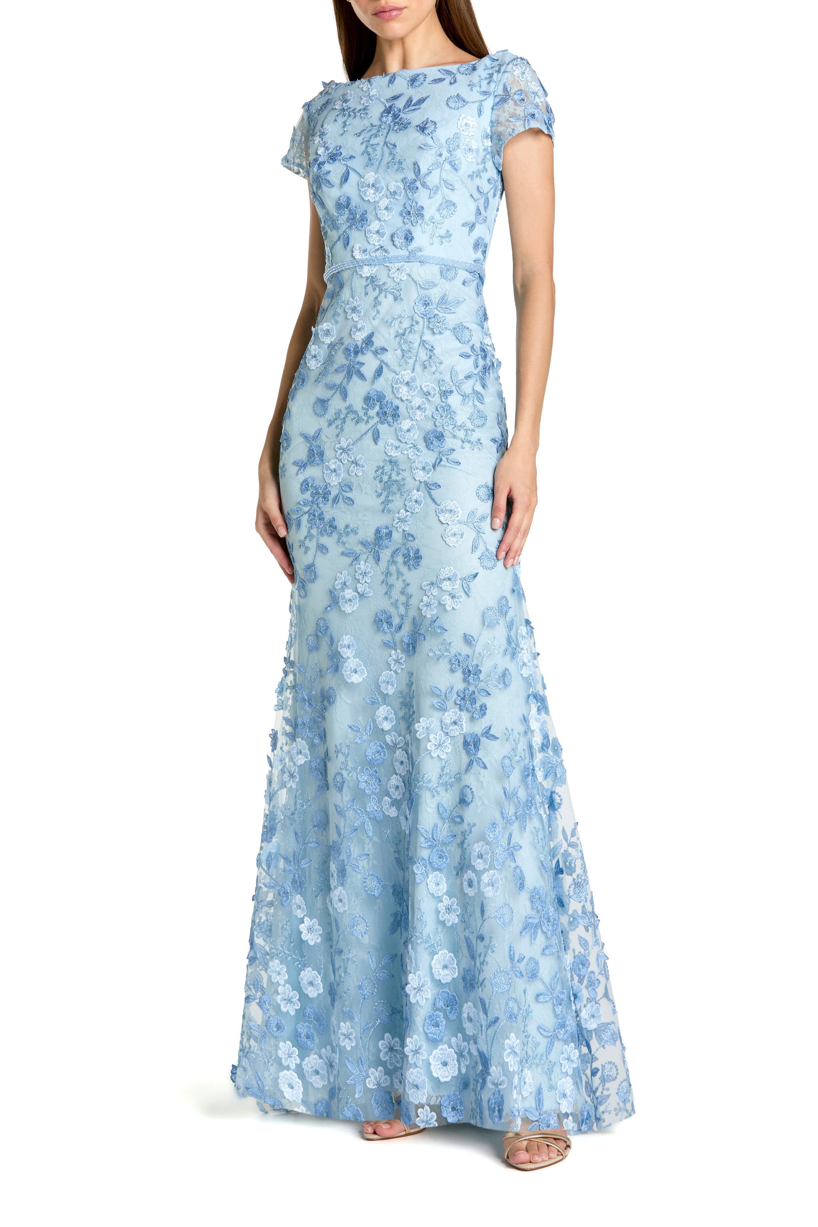 Floral Applique Boat Neck Cap Sleeve Gown - image 1