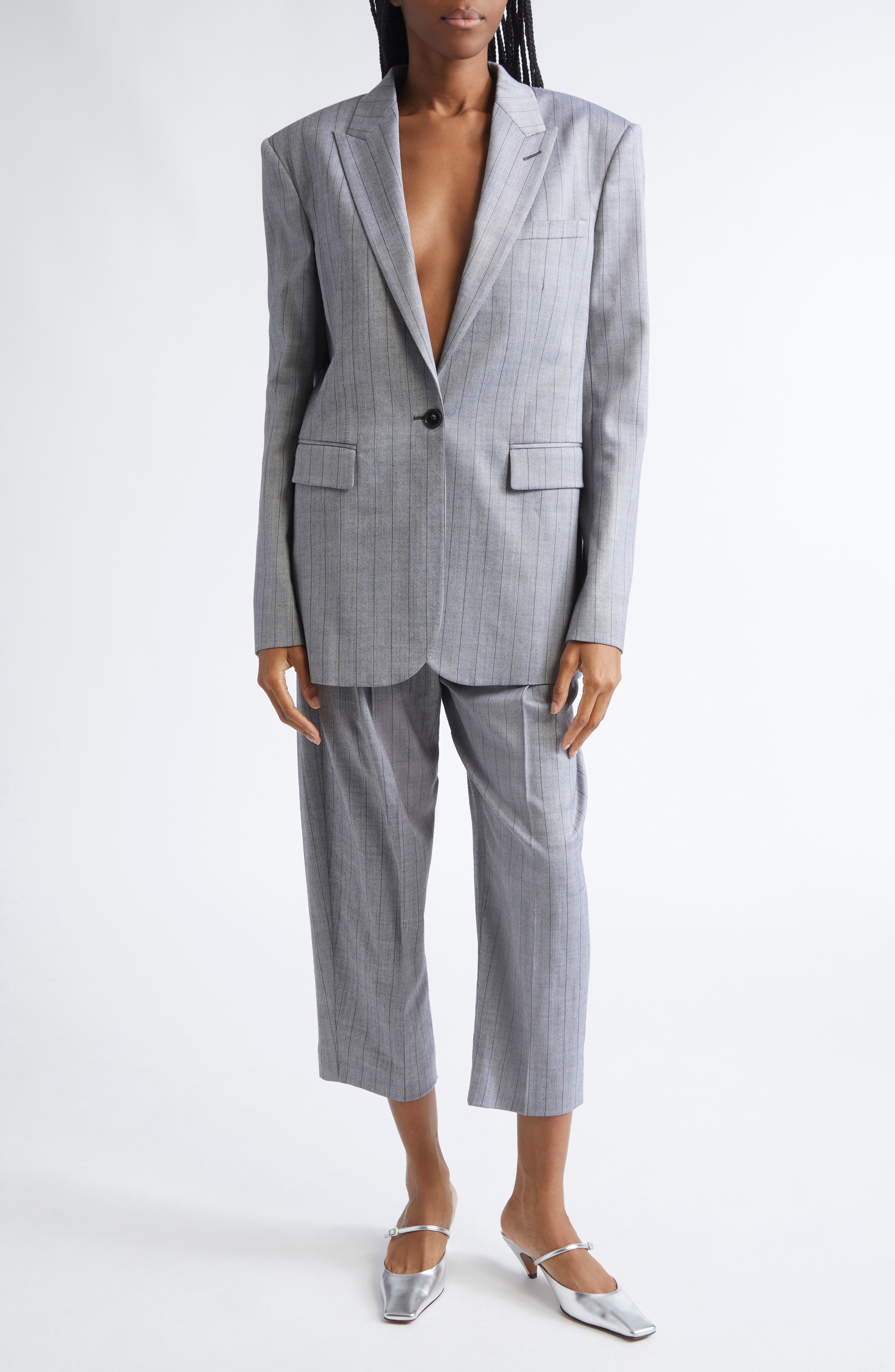 Pinstripe Single Breasted Stretch Wool Jacket - image 2