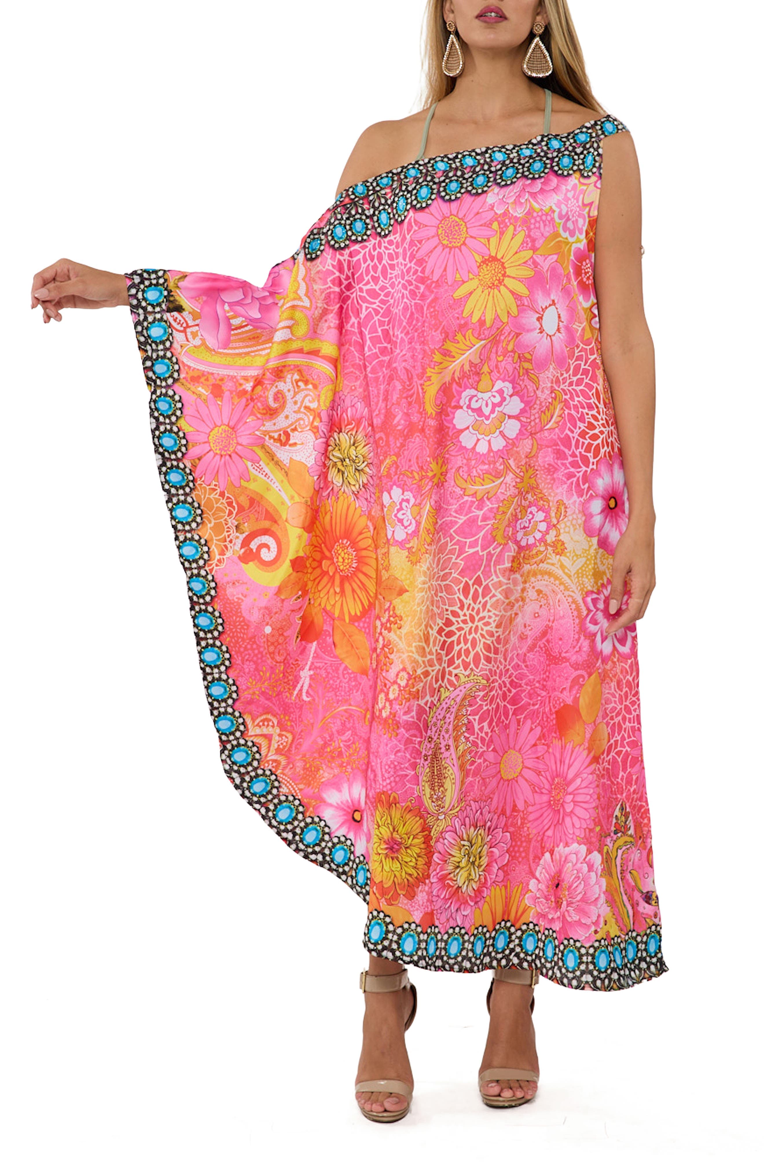 Crystal Embellished Floral Print One-Shoulder Dress - image 1