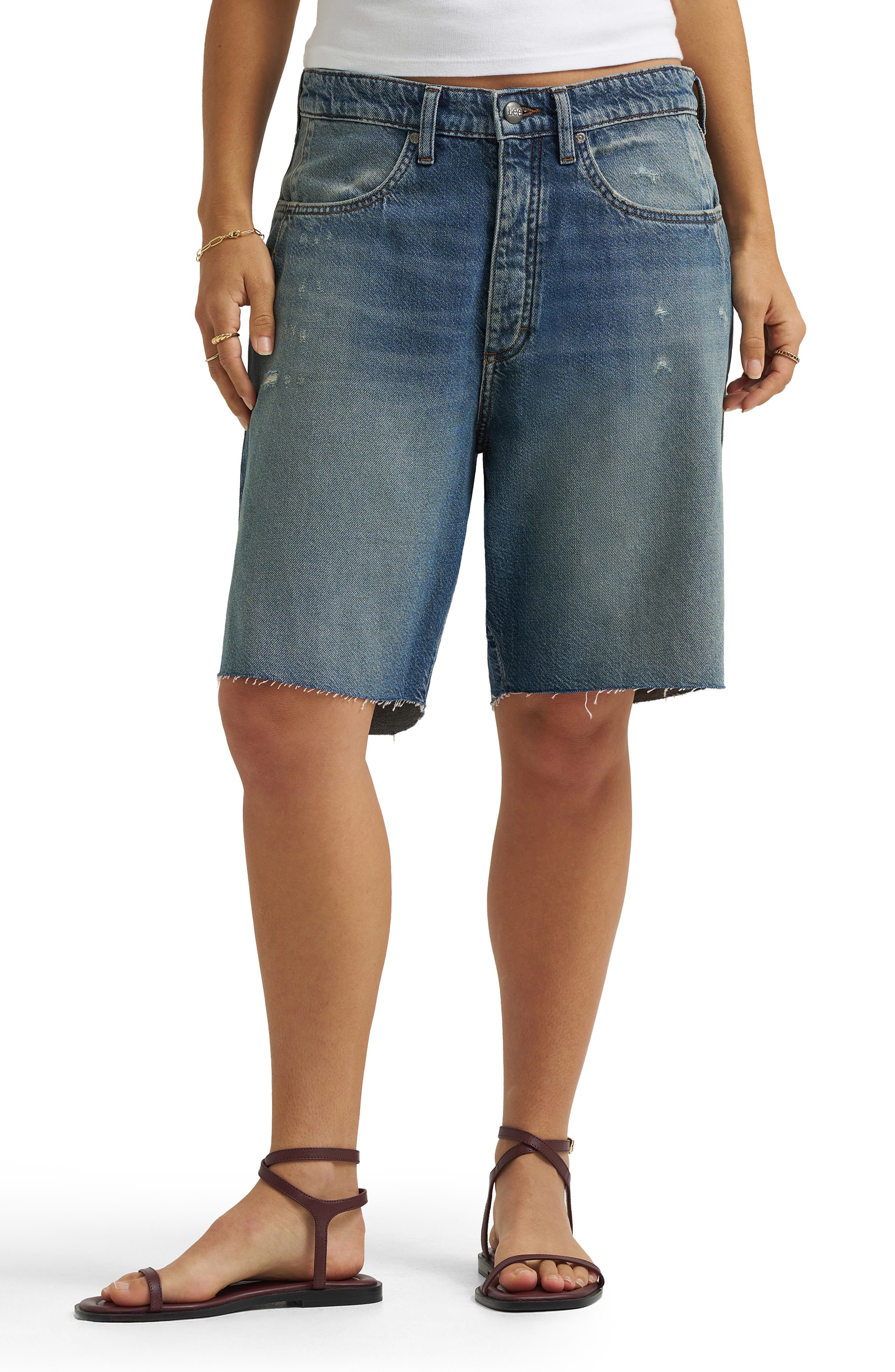Darted Slouch Distressed Raw Hem Denim Bermuda Shorts - image 1