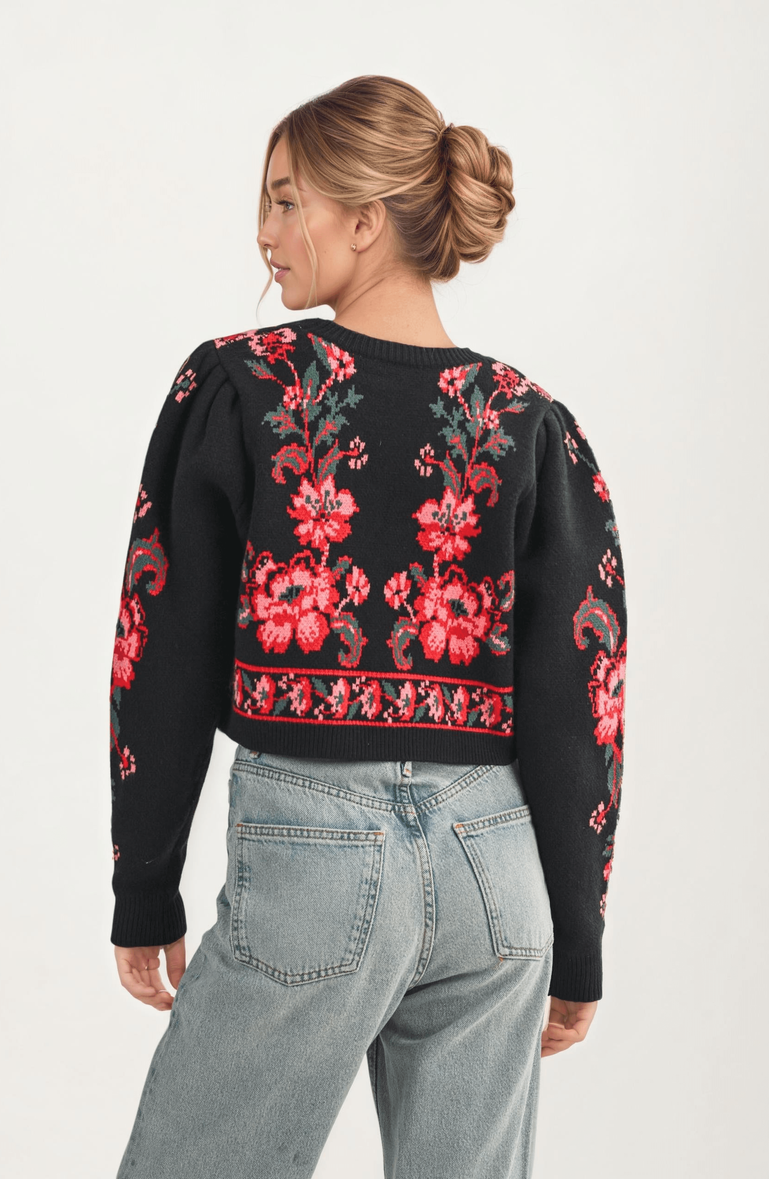 Floral Knit Tie-Front Puff-Sleeve Cardigan - image 2